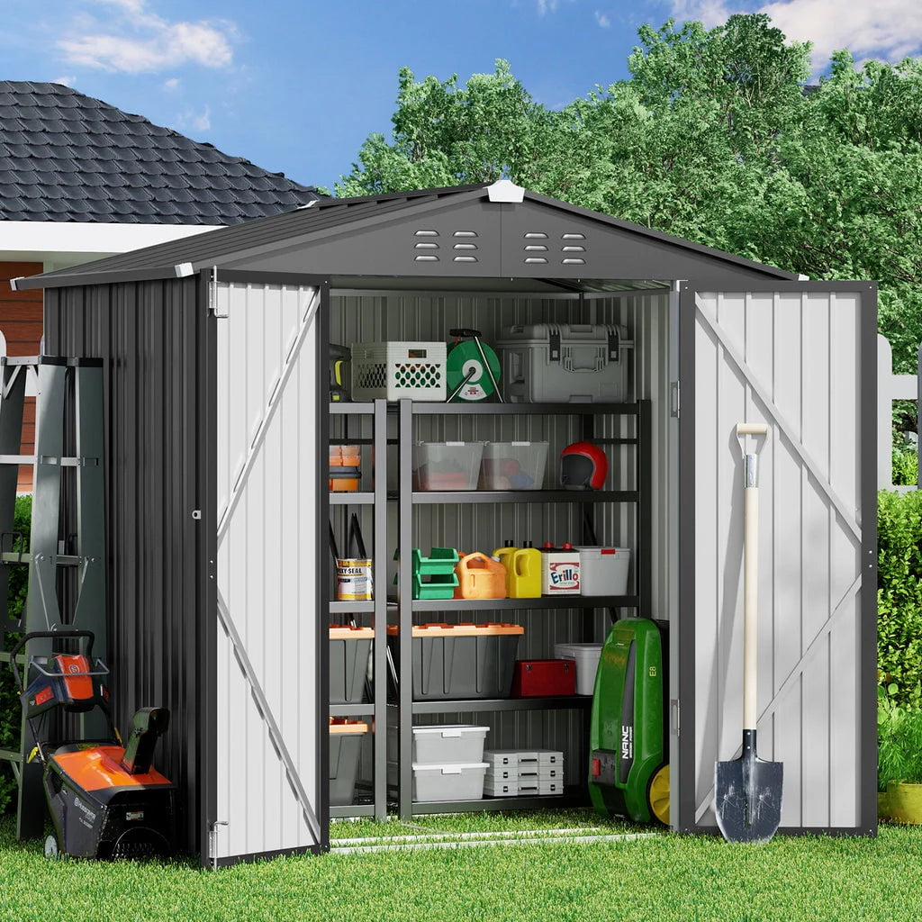 Aiho 8 x 6 FT Outdoor Storage Shed on Clearance with Metal Base Frame and Double Lockable Doors for Garden, Patio - Gray(6' x 4'/Brown)