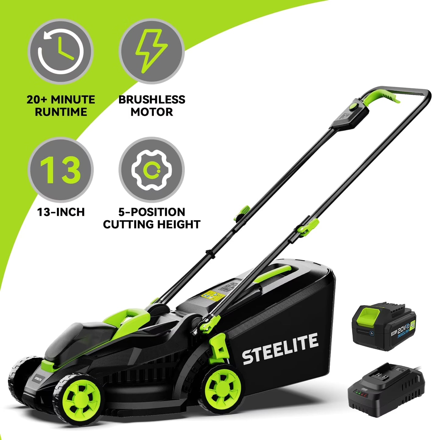 Steelite 13-Inch Cordless Lawn Mower, 21V Electric Lawn Mowers with Brushless Motor for Garden,5 Heights Adjustment, 4.0Ah Battery Charger Included