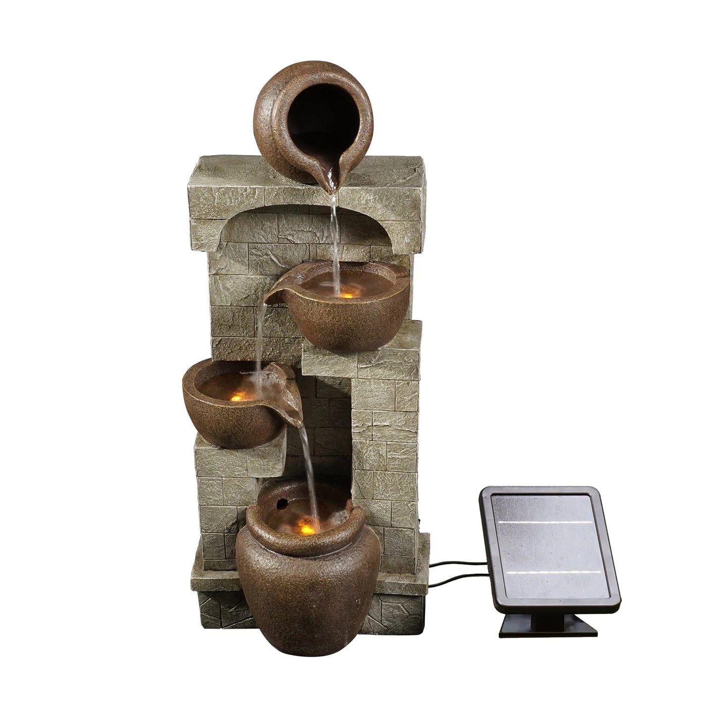 Teamson Home 28.5" Solar Powered 4-Tier Cascading Bowls Stacked Stones Garden Water Fountain with LED Lights, Brown