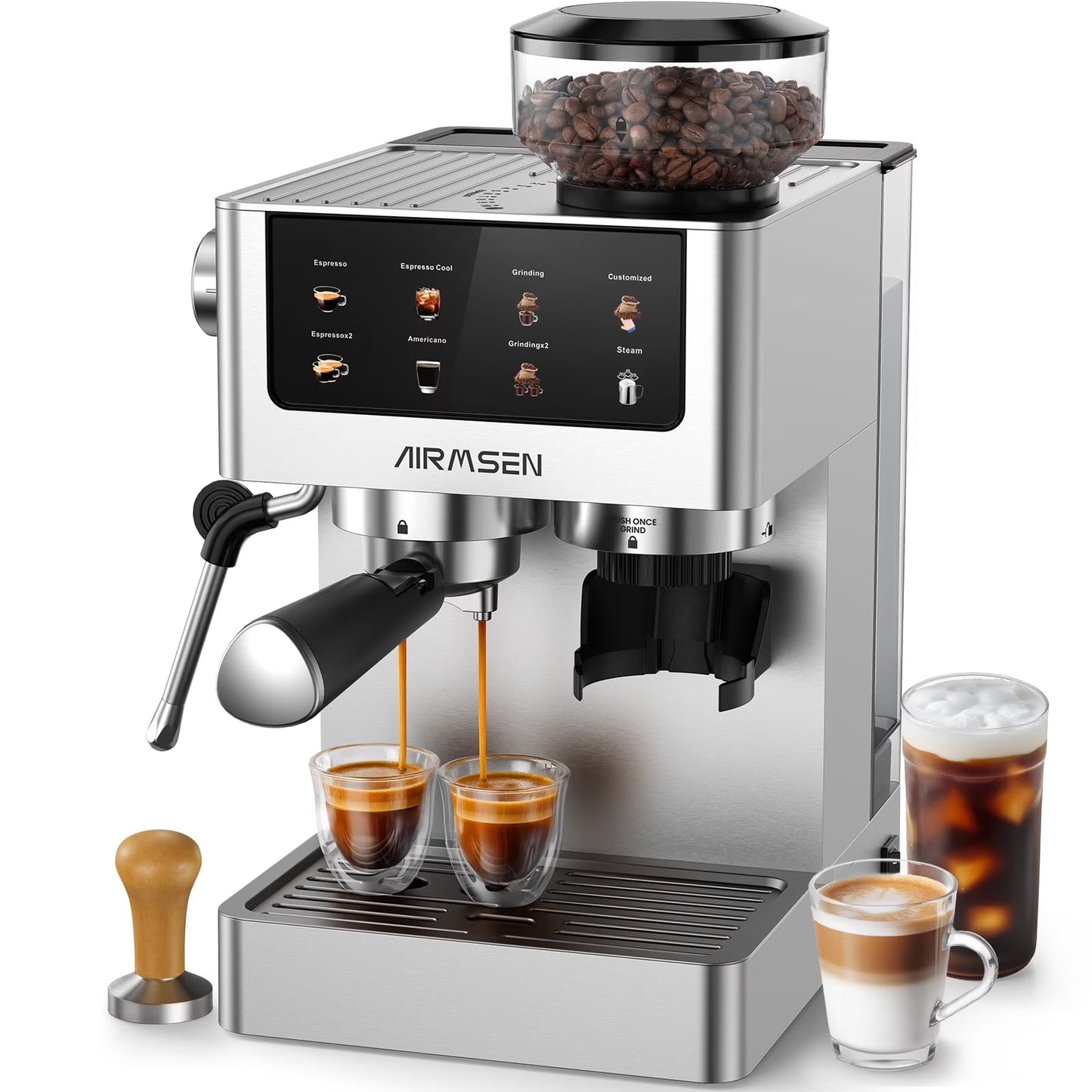 AIRMSEN Espresso Machine with Grinder, Espresso Coffee Machine with Customized Grind Amount Coffee Volume, Cold Brew Coffee Maker for Cappuccino Latte Americano, Brushed Stainless Steel