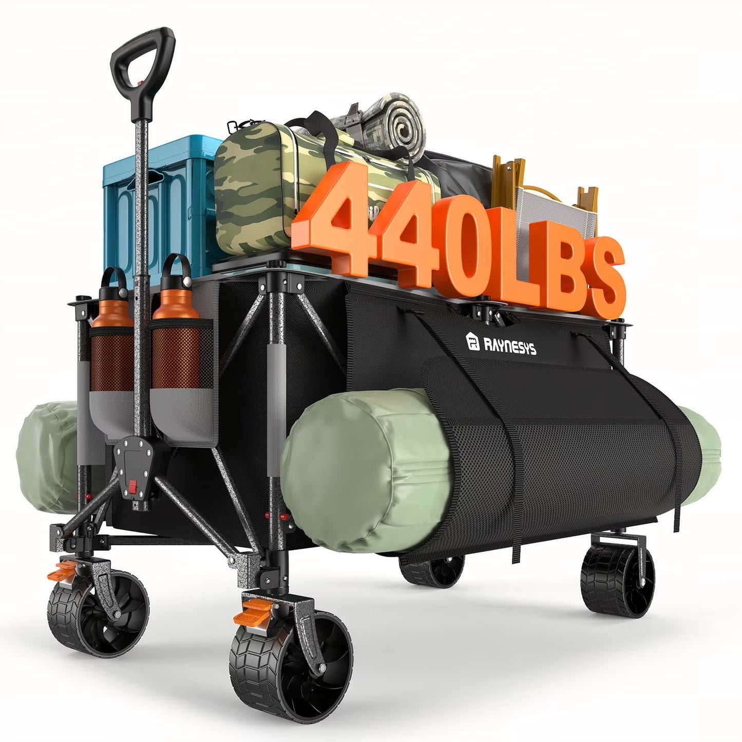 Raynesys 300L Foldable Wagon Cart with Wheels, 440lbs Heavy Duty Beach Wagon for Sand Sports Camping Grocery, Black Gray