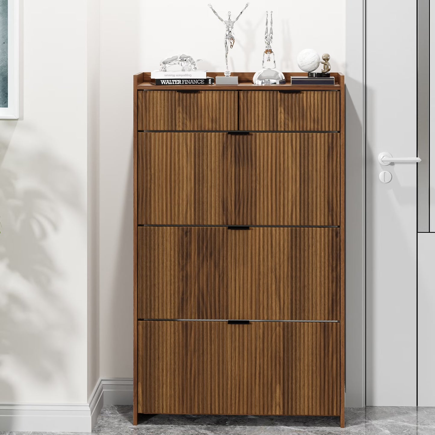 Shoe Cabinet, Free Standing Tipping Bucket Shoe Rack Organizer with 3 Flip Drawers, Modern Entryway Narrow Shoe Rack with 2 Drawers Top Storage, for Hallway Bedroom, Walnut(Walnut)