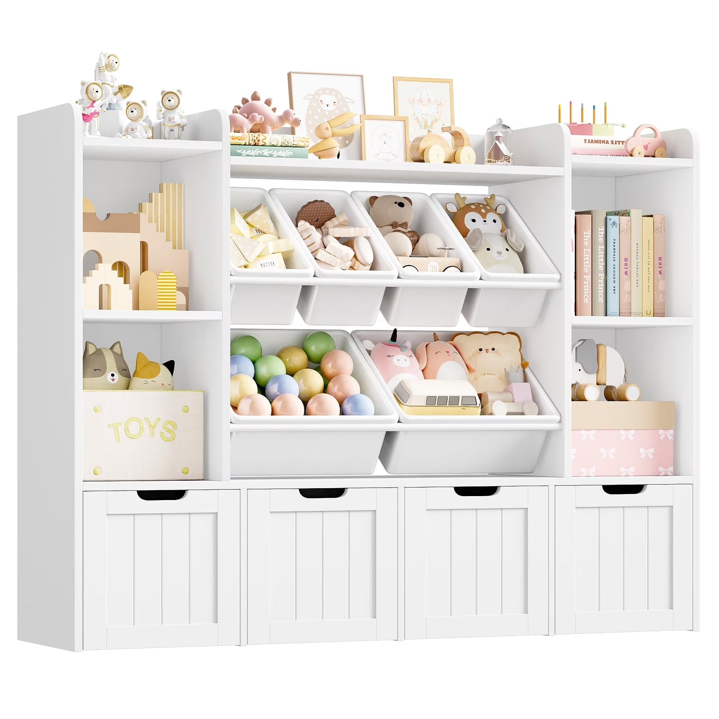 Hiphuta 3 Tier Kids Bookcase with Toy Storage Organizer, Wood Toy Organizer of 6 Boxes 4 Removable Drawers, White(White)