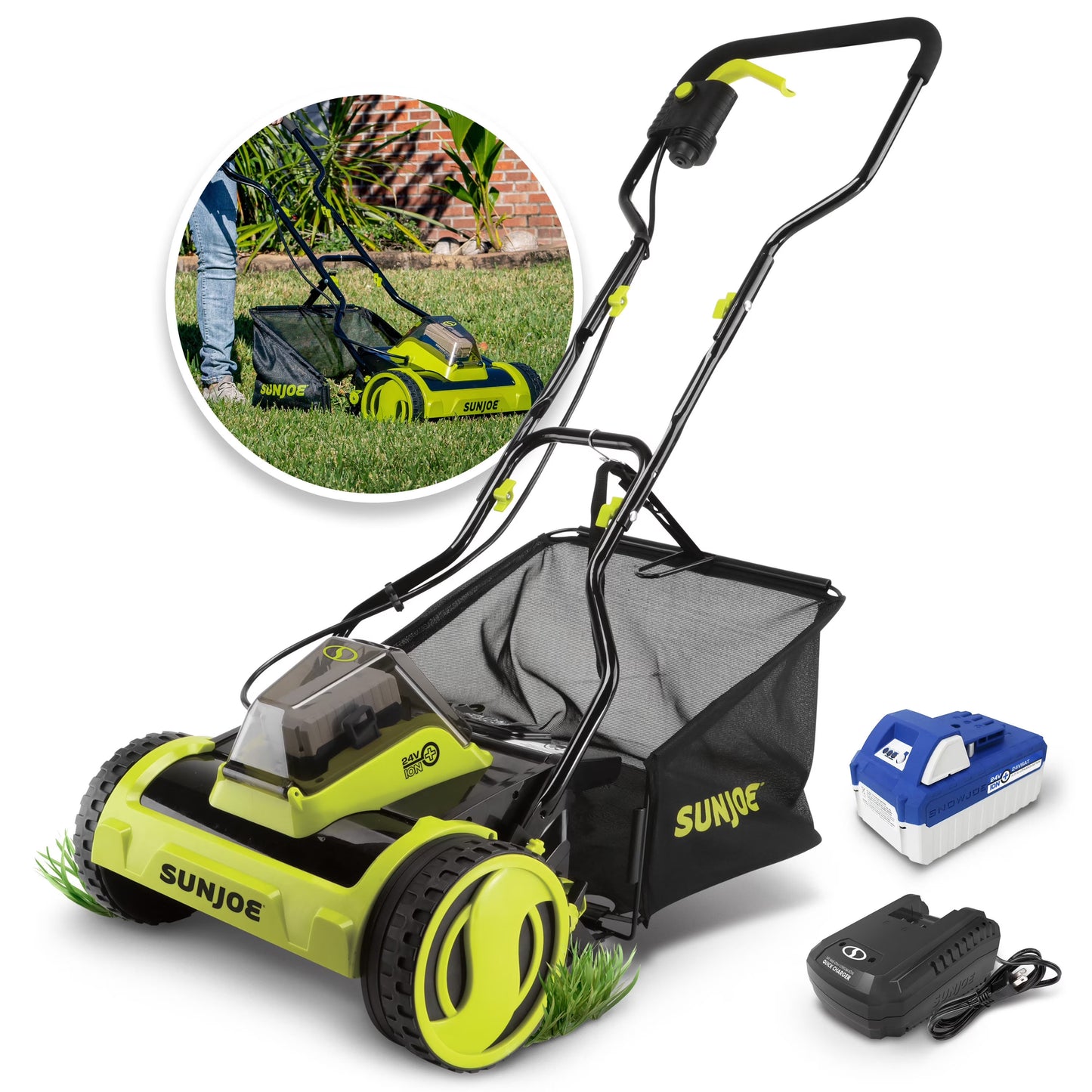 Sun Joe 24V Cordless 15-inch Push Reel Lawn Mower, 4-Position, 4.0-Ah Battery Charger(4 Amps)