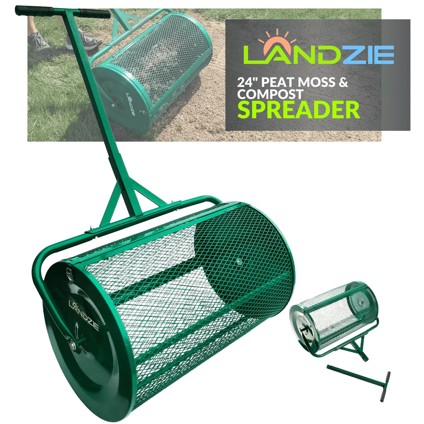 Landzie Compost Spreader 24 Inch Walk-Behind Lawn Garden Spreader with Metal Mesh Basket(24-inch)