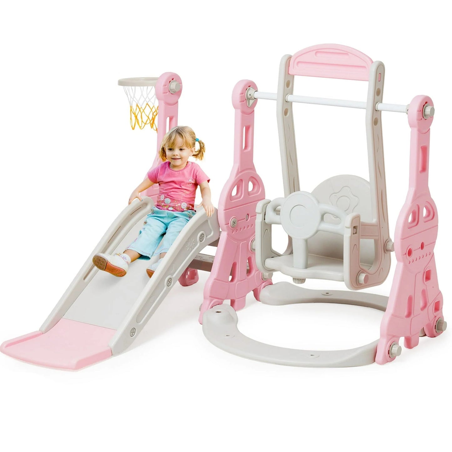 Ealing 4 in 1 Slide and Swing Set for Toddler Indoor and Outdoor Baby Slide Climber Playset with Basketball Hoop Backyard Playground Swing Slide for Boys and Girl Slide length: 11.02' L Pink