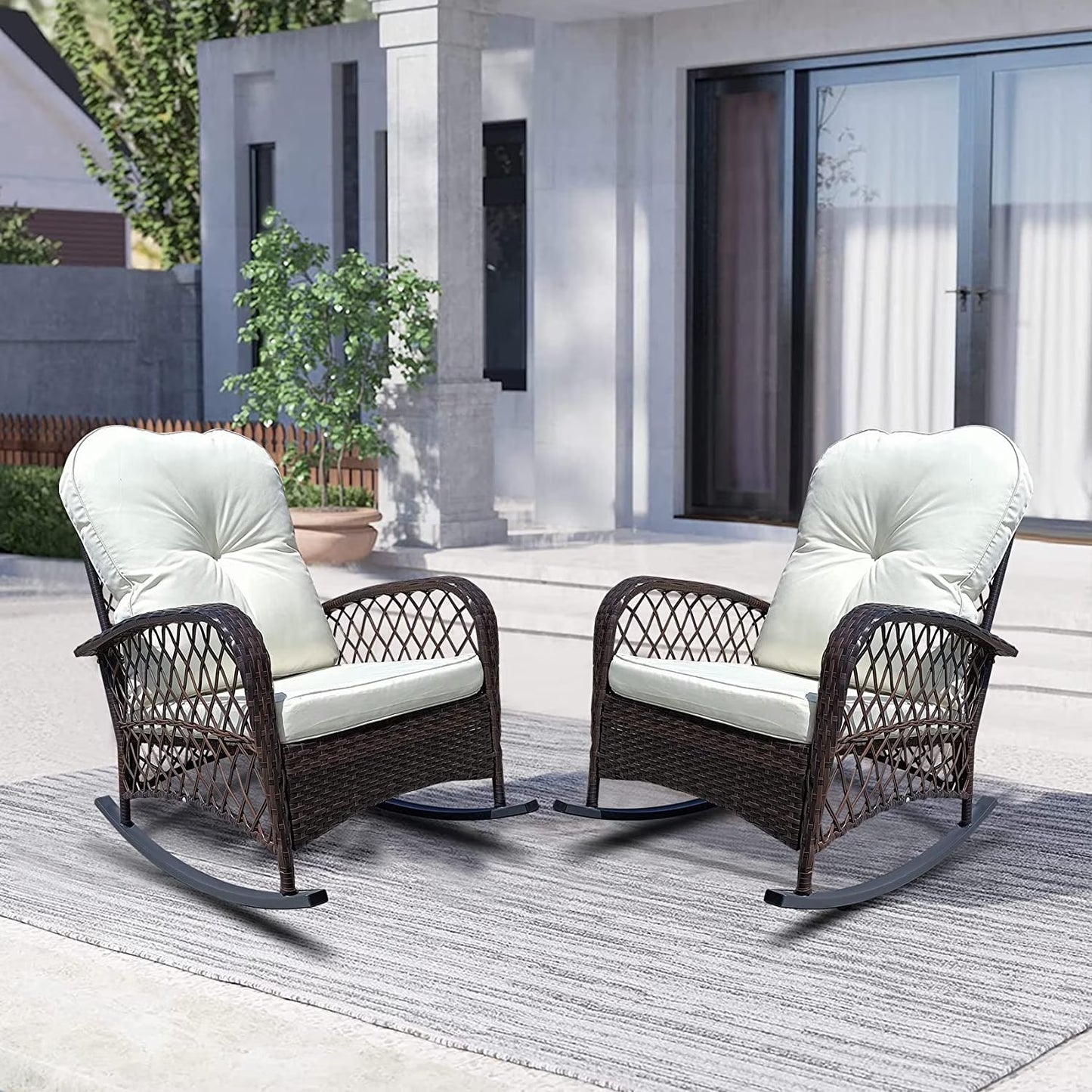 Furniture One 2 Piece Outdoor Wicker Rocking Chair, Patio Rattan Rocker Chair with Cushions Steel Frame, All-Weather Rocking Lawn Wicker Furniture for Garden Backyard Porch(2 Seat)
