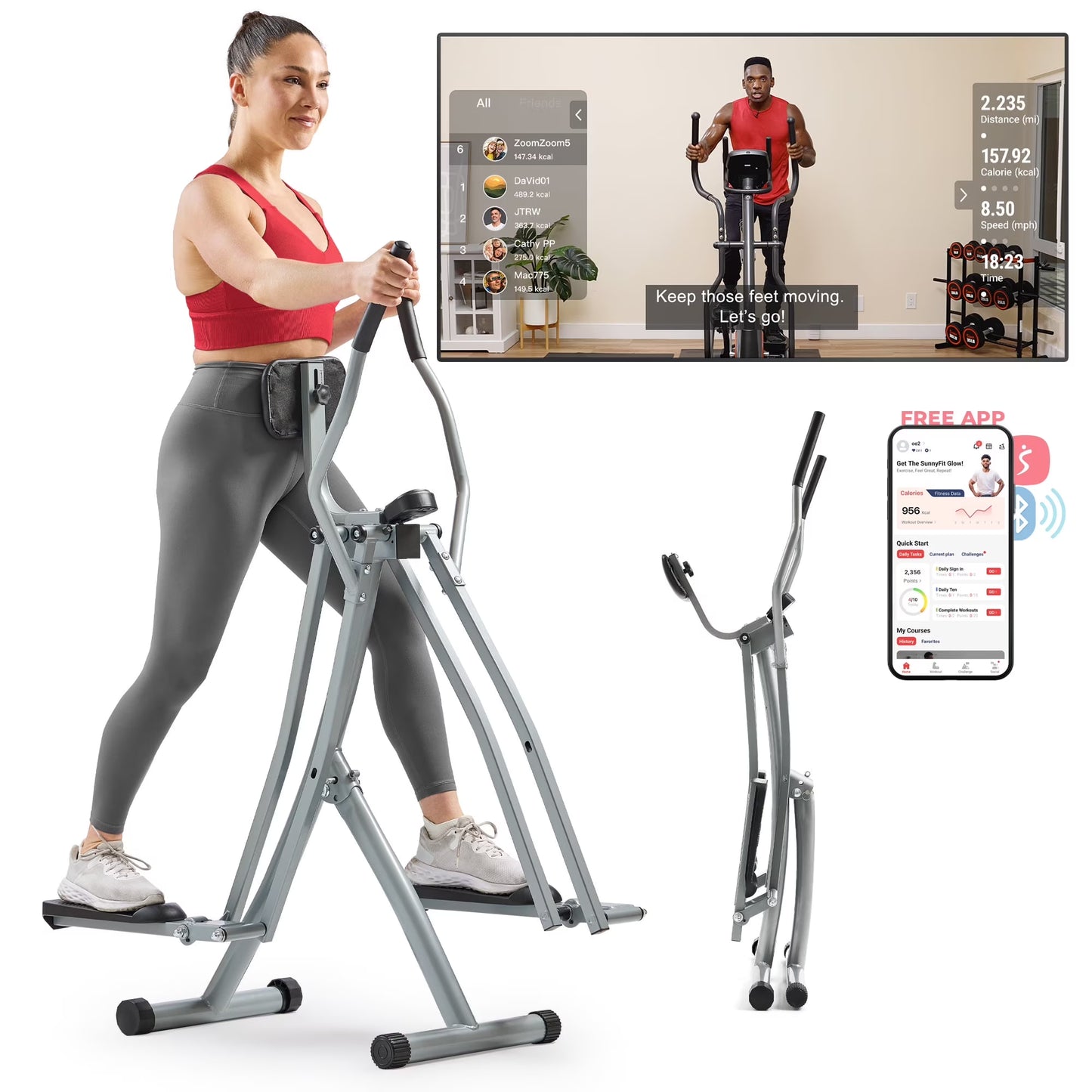 Sunny Health Fitness Manual Air Walker Elliptical – 30″ Stride, Low Impact, Lightweight, Quiet with Free SunnyFit App(Smart)