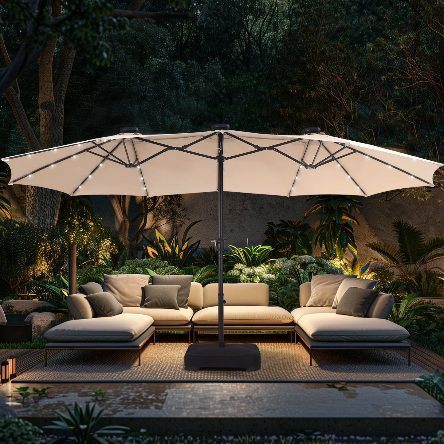 Alpha Joy 15ft Extra Large Outdoor Patio Double-Sided Umbrella with LED Solar Lights Umbrella Base, Beige(Beige)