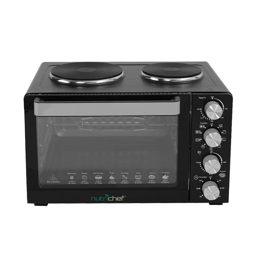 NutriChef 30 Quart Kitchen Convection Oven 2 Burner Cooker - 1500 Watt Oven - 7 Cook Functions Rotisserie, Cook, Bake, Broil More - Includes Baking Tray, Skewers Handles - 19.6 x 16.0 x 13.5 IN