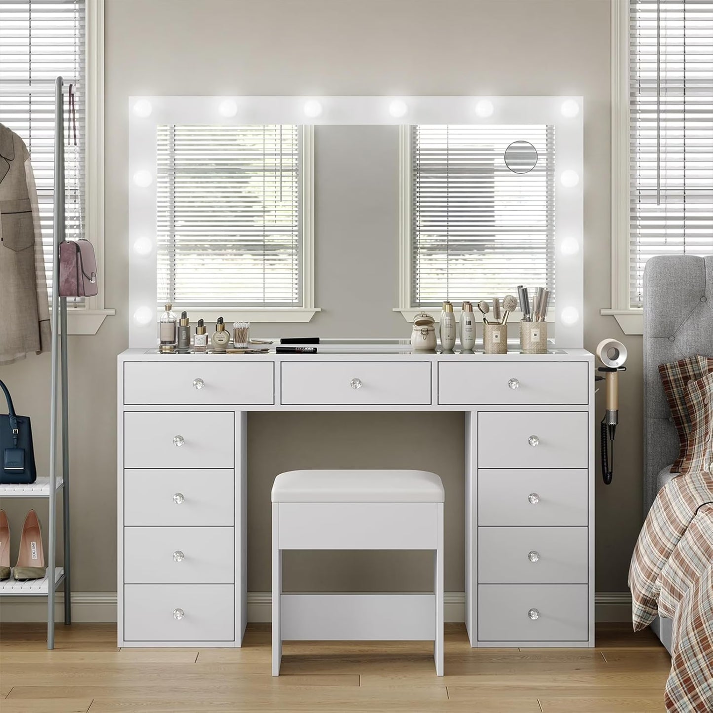 White Vanity Desk with Illuminated Mirror Power Outlet, 11 Drawers Vanity Table with Chair, Makeup Vanity with 12 LED Lights, Tempered Glass Top, Dressing Table for Bedroom,Dressing Room(White)
