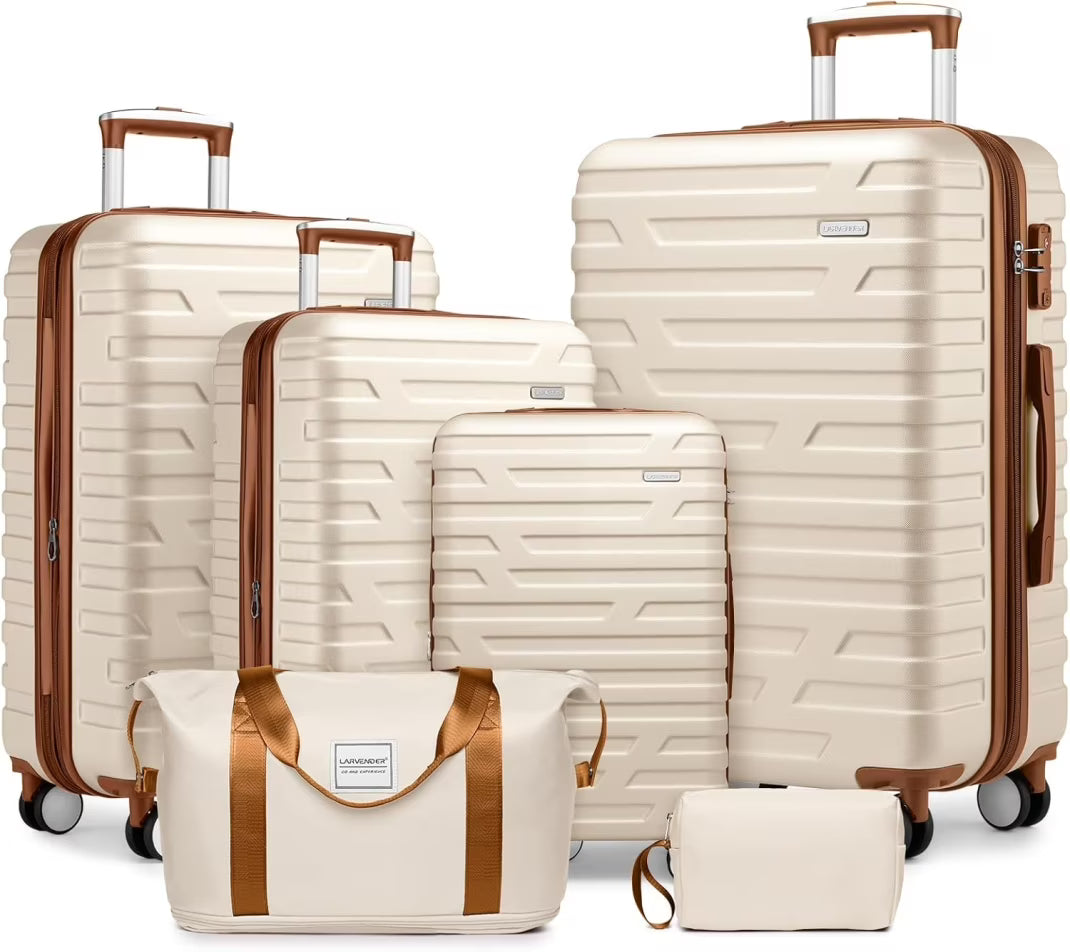6-Piece Hardshell Luggage Set with Expandable Spinner Suitcases TSA Lock, 25% Extra Capacity, Duffel Bag Toiletry Kit, Cream ABS Suitcases(Cream+Brown)