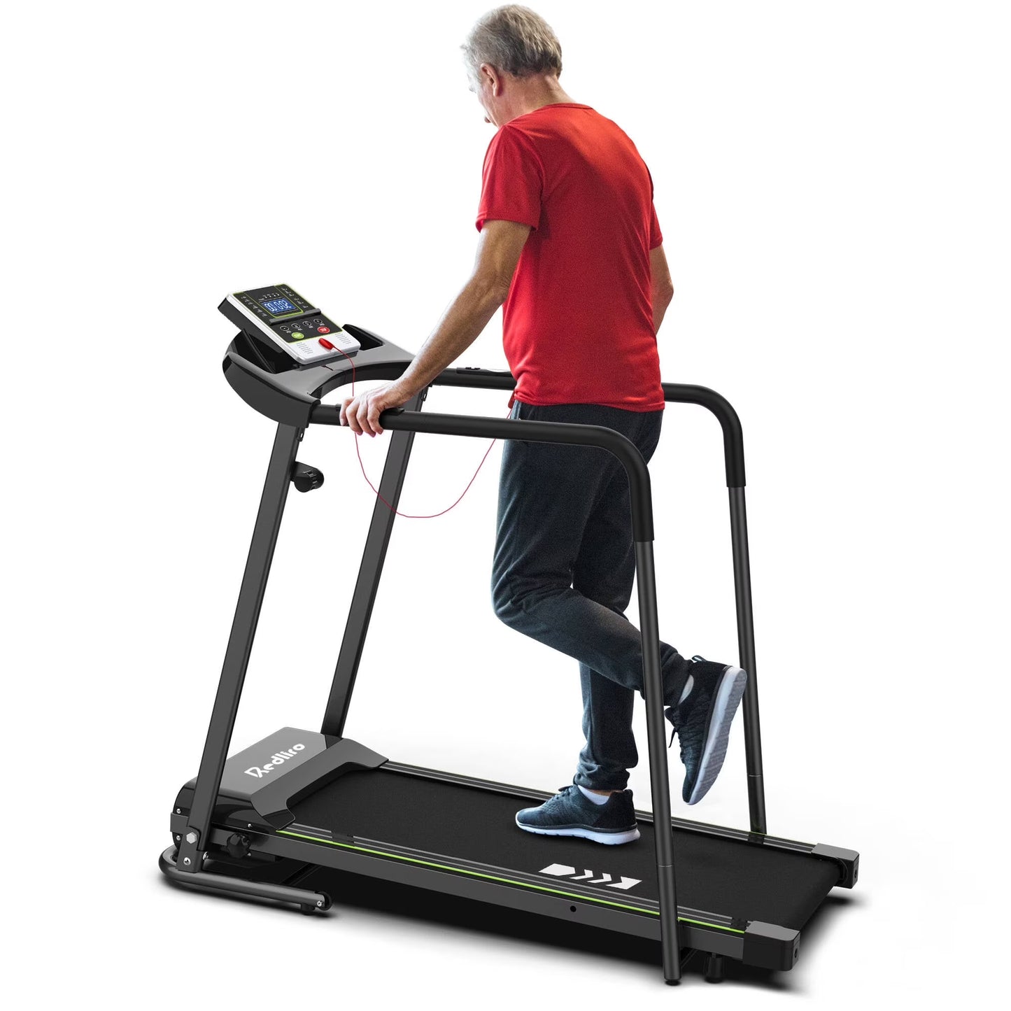Redliro Treadmill for Seniors with Long Handrails - Recovery Treadmill for Walking 300 lbs Weight Capacity - Walking Treadmill Elderly with Desk Cup Holder (Glossy Black)