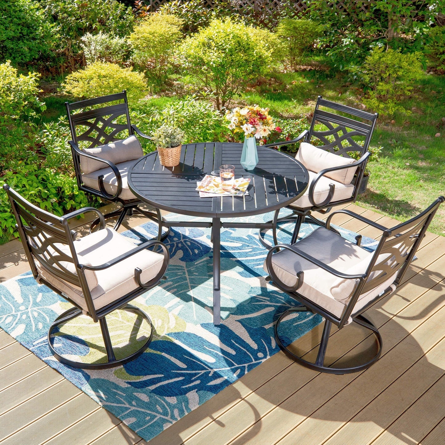 MF Studio 5 Pieces Patio Dining Set 1 Piece Metal Round Table 4 Pieces Outdoor Swivel Chairs with Cushion