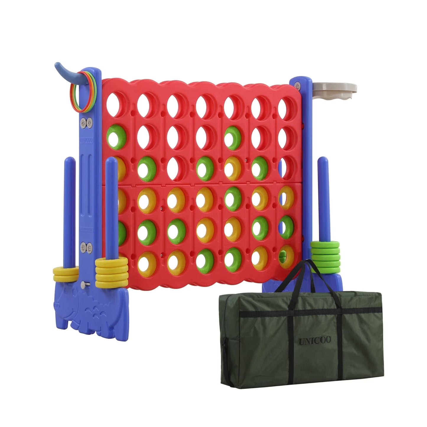 UNICOO® 3-in-1 Giant 4 in A Row Game, Featuring Basketball Hoop, Ring Toss Game 4-to-Score Game. Perfect for Kids Adults, Parties Gatherings with Carrying Bag (Red + Blue)