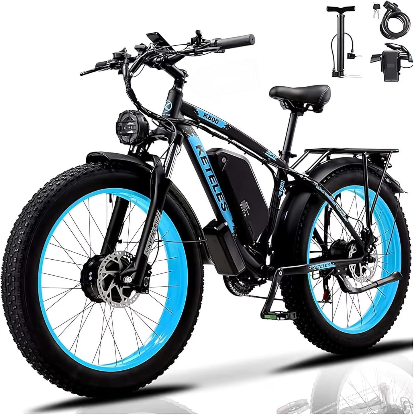 KETELES Electric Bike for Adults, Peak 4000W Dual Motor Ebike��26" Fat Tire Electric Mountain bike, 48V 23AH Removable Battery UL 2849.(Blue)
