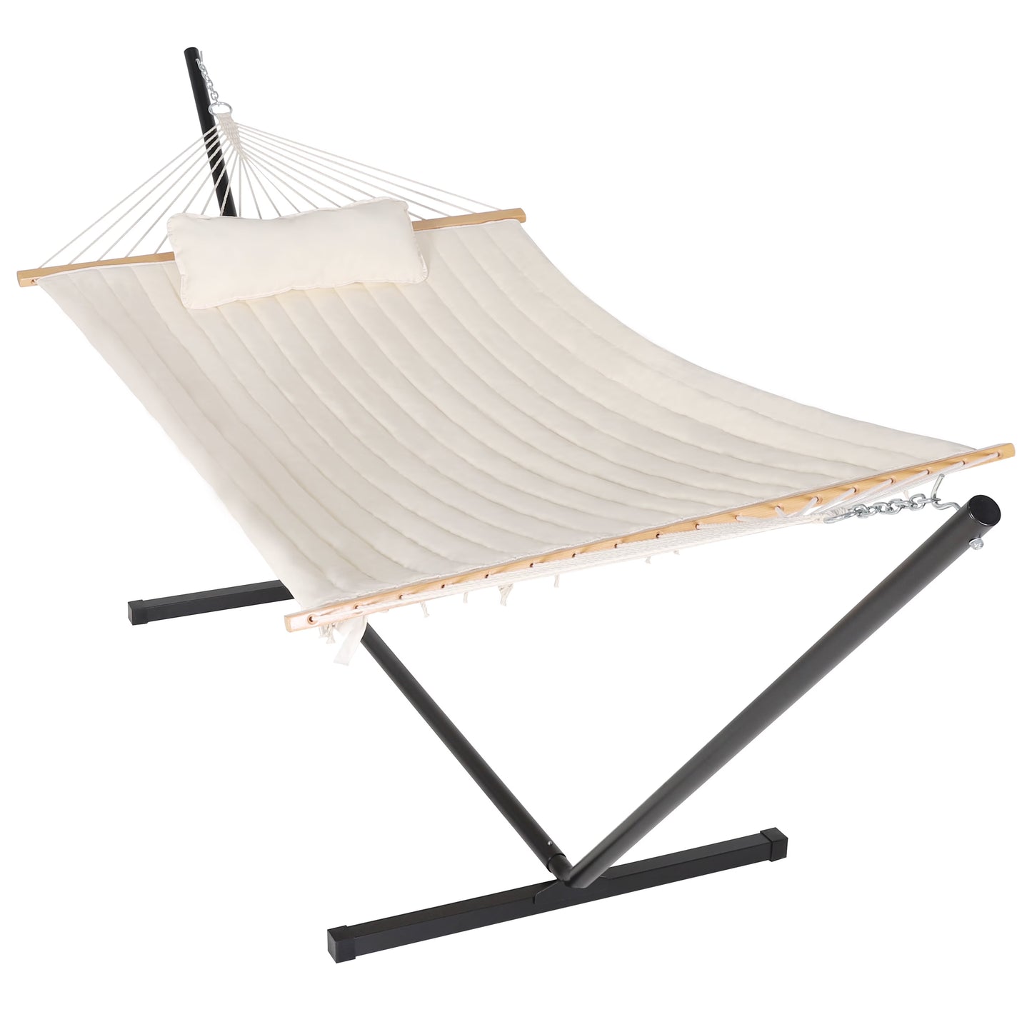 VEIKOUS 2-Person Hammock w/Metal Stand, Detachable Pad Pillow 450lbs Weight Capacity, White(Cream White)