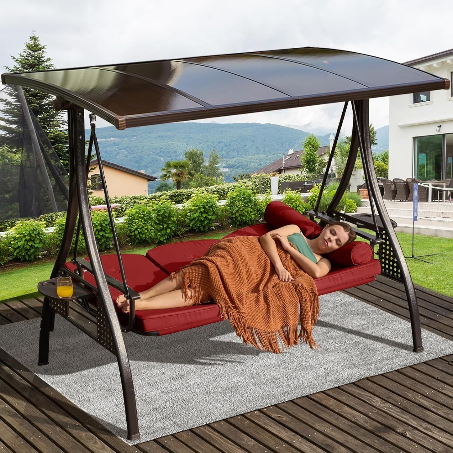 3-Seat Patio Porch Swing with Adjustable Hardtop,3 in 1 Convertible Outdoor Porch Swing for Adults,Patio Swing with Thicken Cushion,Pillows Cup Holders for Porch,Backyard,Garden (Wine Red)