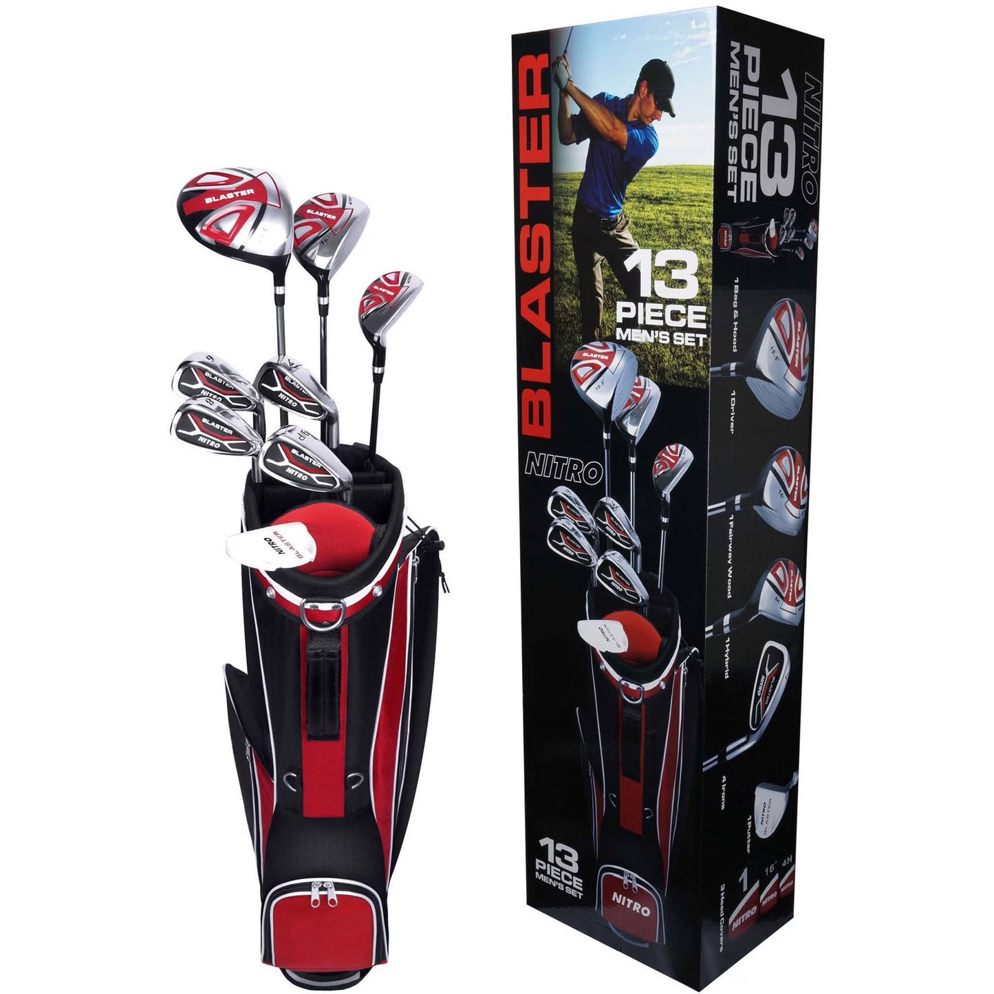 Nitro Men’s Blaster 13-Piece Golf Club Set – Right-Handed, Complete with Bag Headcovers(Red)