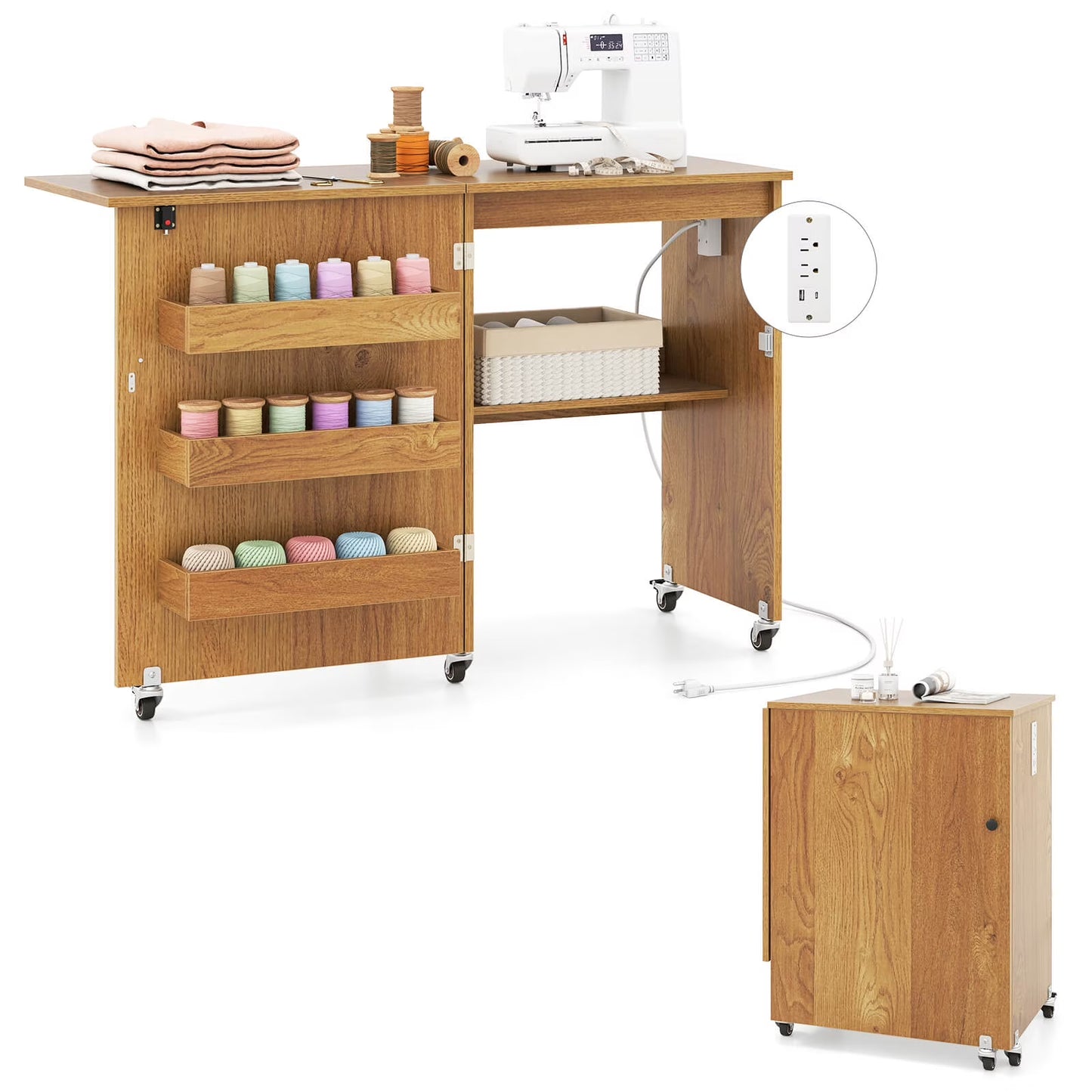 Costway Folding Sewing Table Rolling Craft Station with 3 Storage Bins Charging Station Natural(Natural)