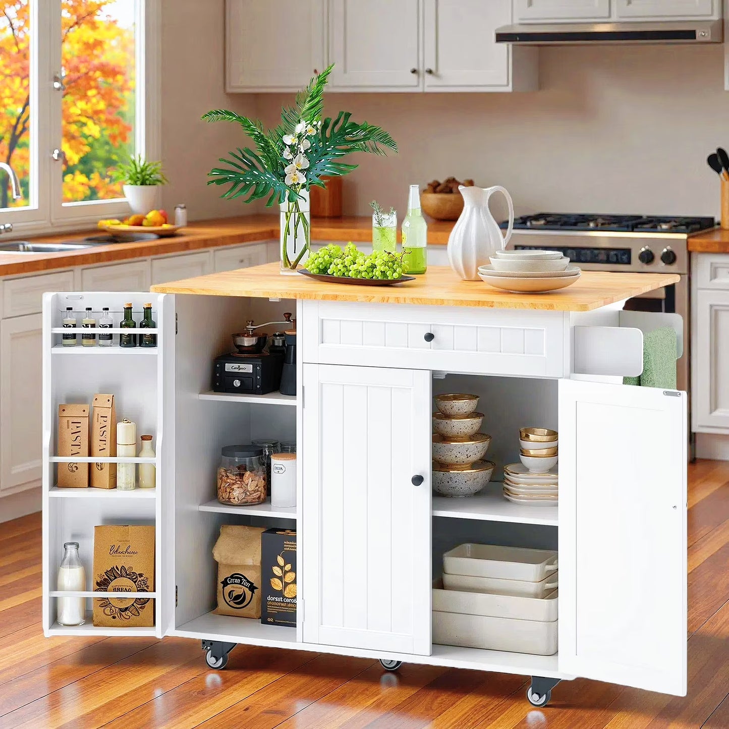Kitchen Island with Storage - Lofka Rolling Kitchen Cart with Solid Wood Top,Drawers,Spice Rack Towel Bar - Mobile Workstation for Small Kitchen,Dining Room ,White