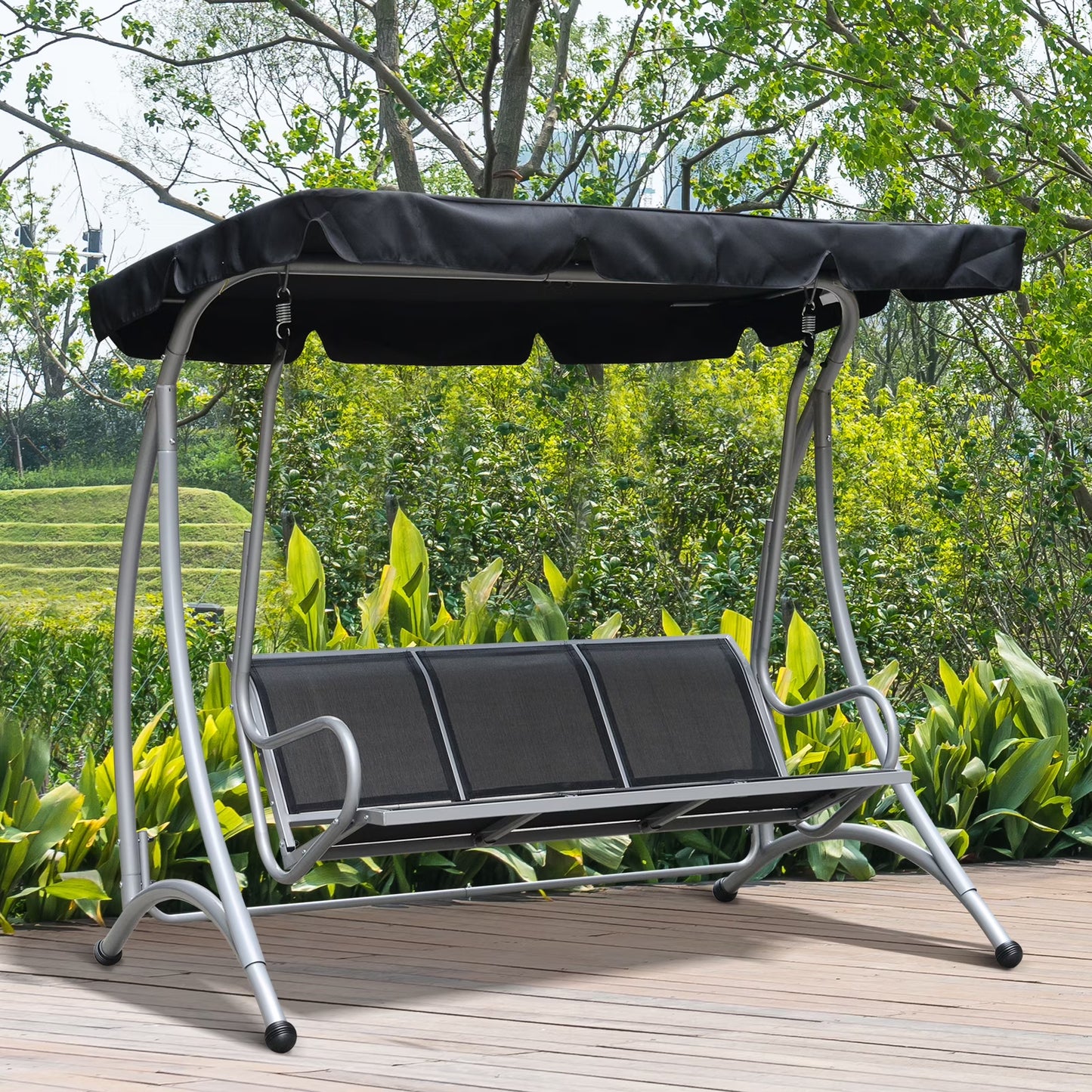 Outsunny 3 Person Patio Swing Seats, Porch Swing with Stand Adjustable Canopy, Heavy Duty Outdoor Swing Chair Bench for Adults, Black(Black)