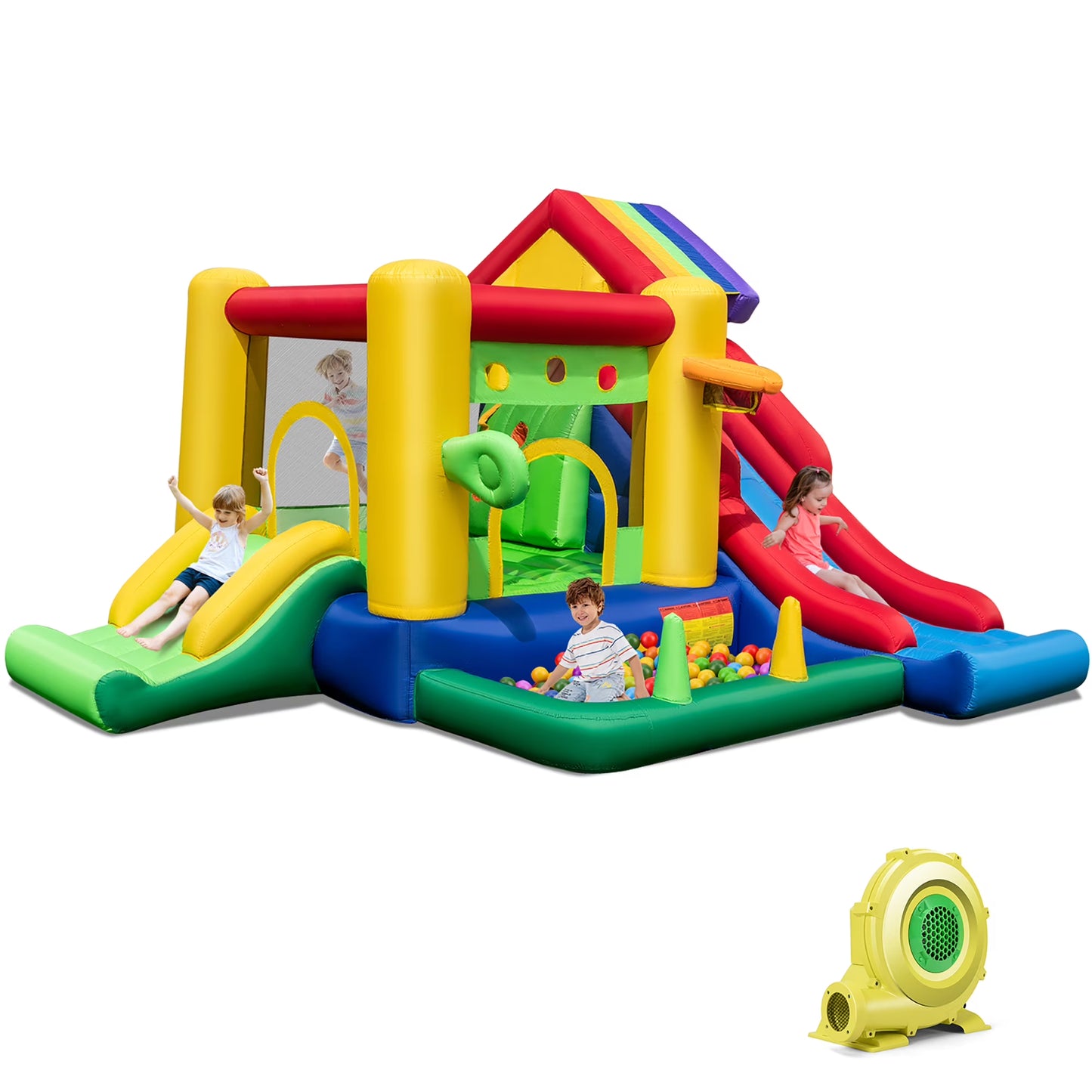 Costway Colorful Rainbow Kids Inflatable Bounce Castle with 50 Ocean Balls 735W Blower