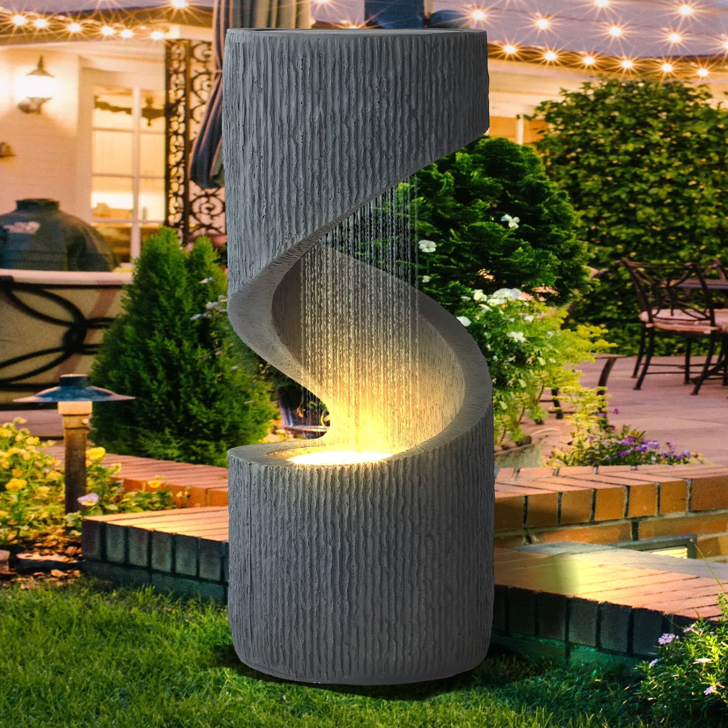 Magic Union Outdoor S-Shaped Water Fountain, Spiral Waterfall Indoor Fountain Outside Garden Decor with LED Lights Pump, Curved Patio Resin Fountains for Yard, Deck, Porch and Home Decorations
