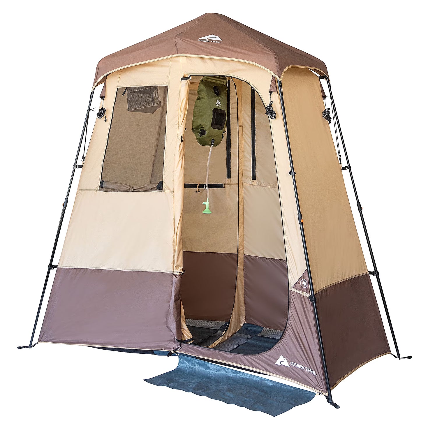 Ozark Trail 2-Room Shower Utility Tent Combo Includes 5-Gallon Water Container, Easy Setup, Maximum Occupancy Is 2. Khaki Colour.