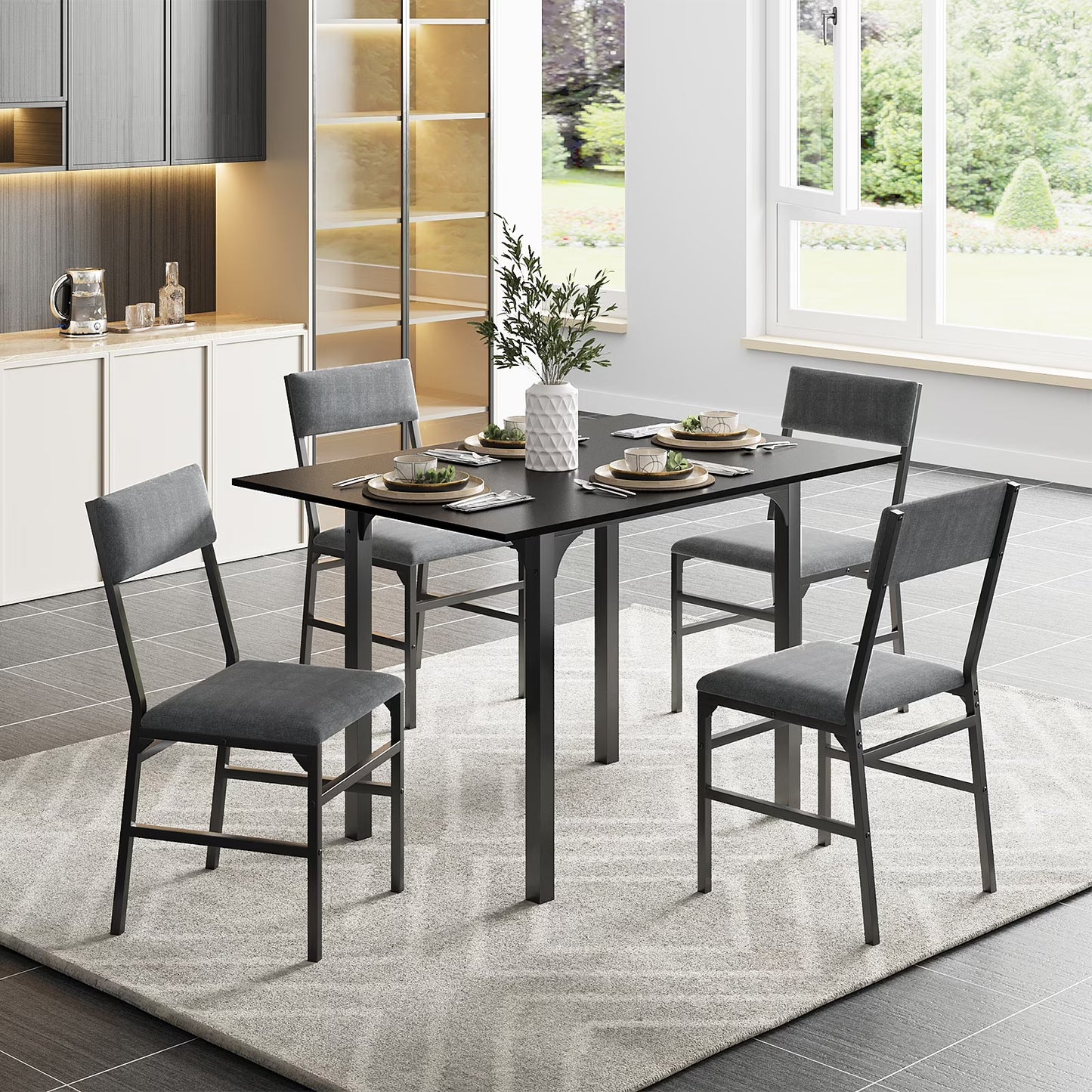 Fairy Dining Table Set for 4, Extendable Kitchen Table Cushion Chairs Set of 4, Rectangle Dining Table with Metal Frame MDF Board, Folding for Small Apartment Saving Space, Black