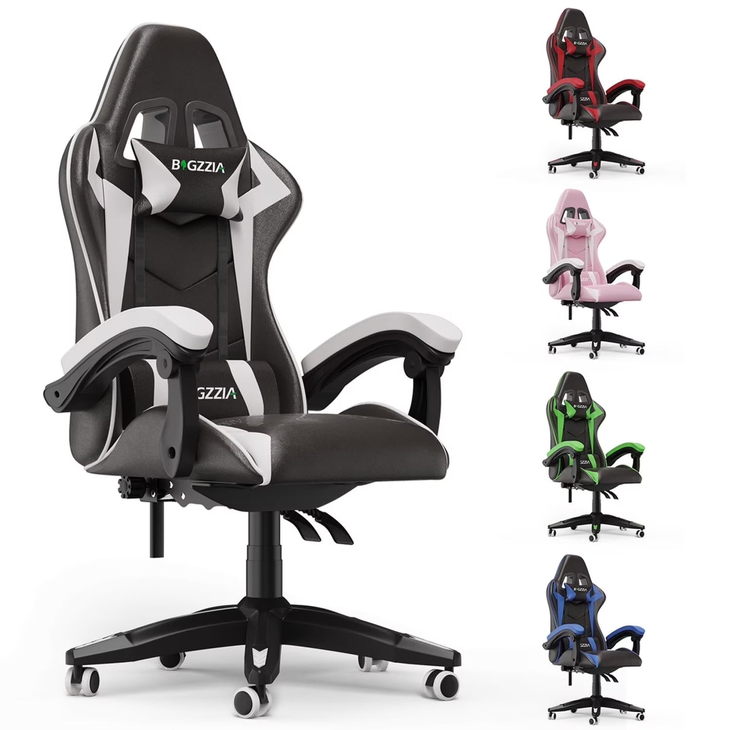Bigzzia Gaming Chair Office Chair, Ergonomic Game Chair with Height Adjustable Headrest and Lumbar Support for Adults Teens, Black White(Black White)