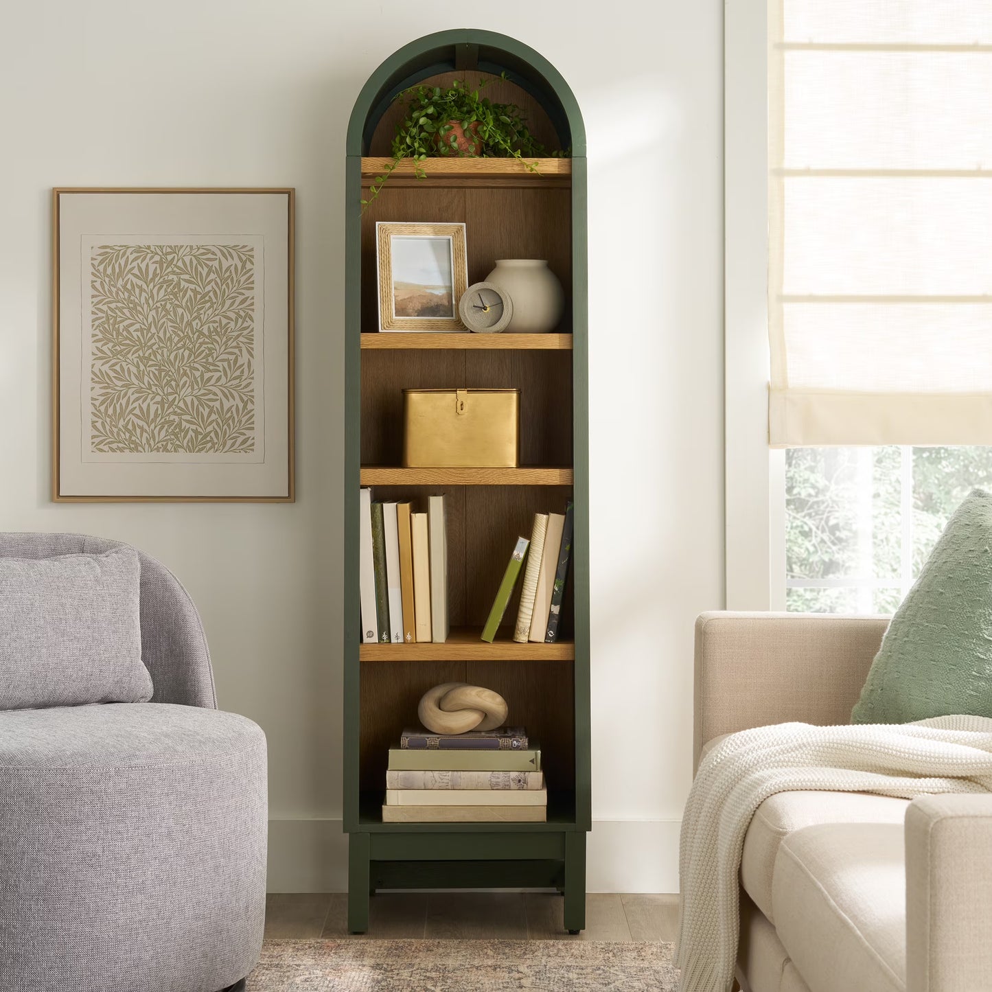 Better Homes Gardens Juliet Narrow Arch Bookcase, Deep Green and Light Honey(Green)