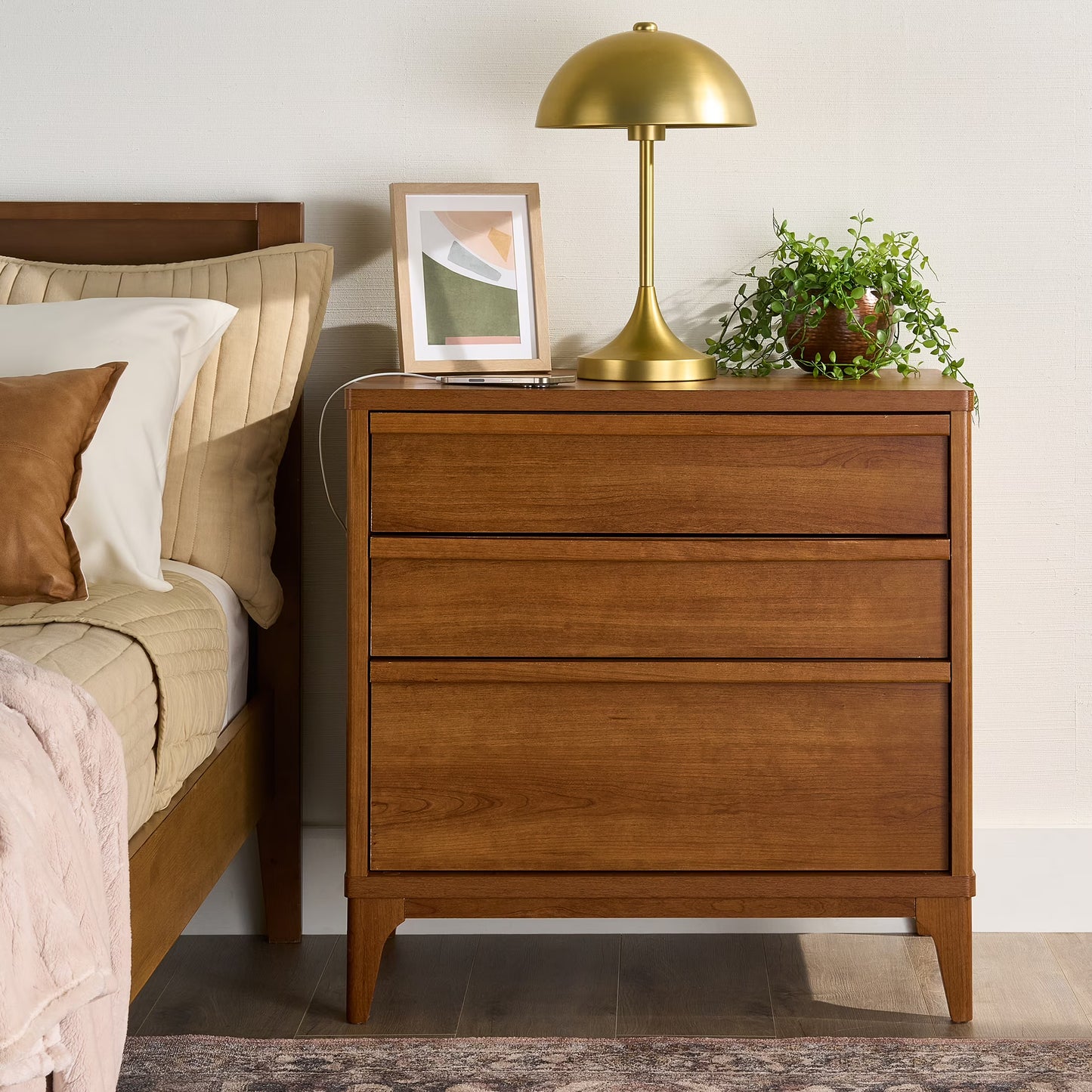 Better Homes Gardens Greyson 3-Drawer Nightstand with USB, Acorn Finish(Single)