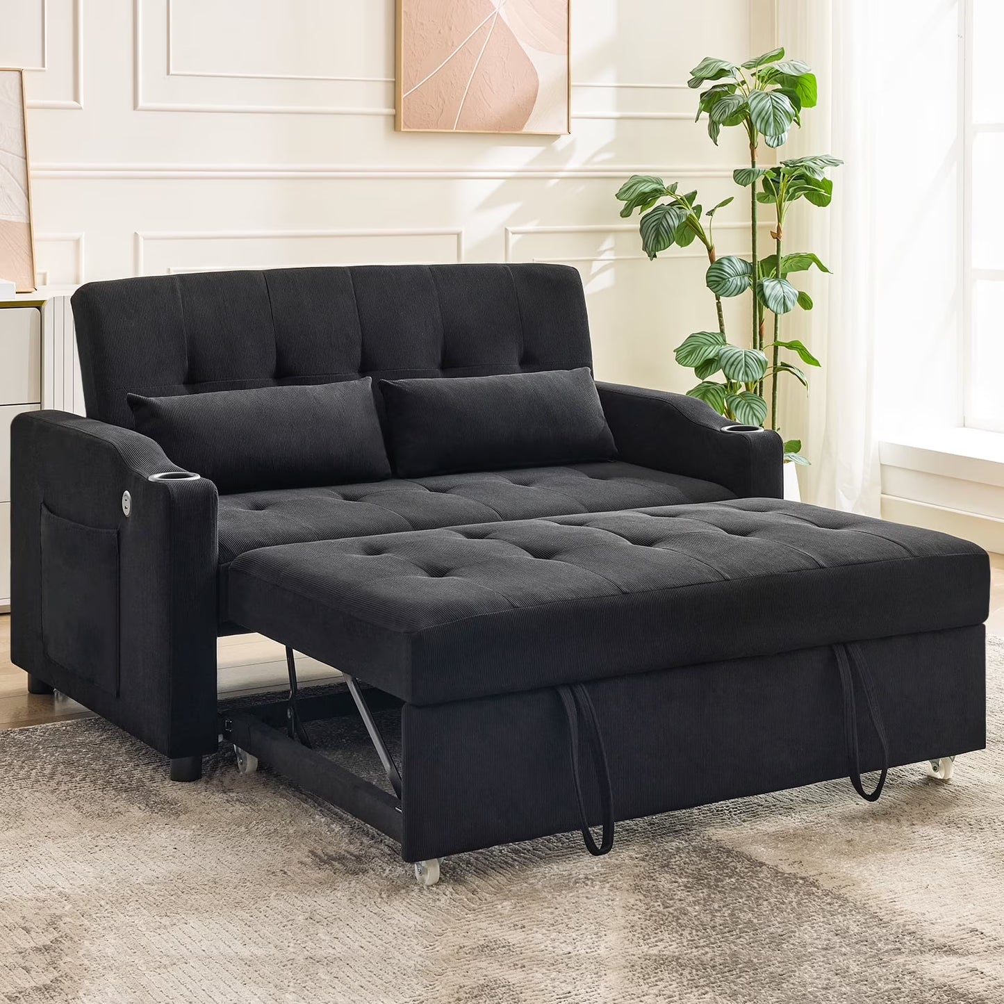 3 in 1 Convertible Sleeper Sofa Bed, Corduroy Futon Couches with Pull-Out Bed, Adjustable Backrest, Charging Port Side Pockets, Modern Upholstered Sofa for Living Room, Guest Room(Queen/Corduroy | Black)