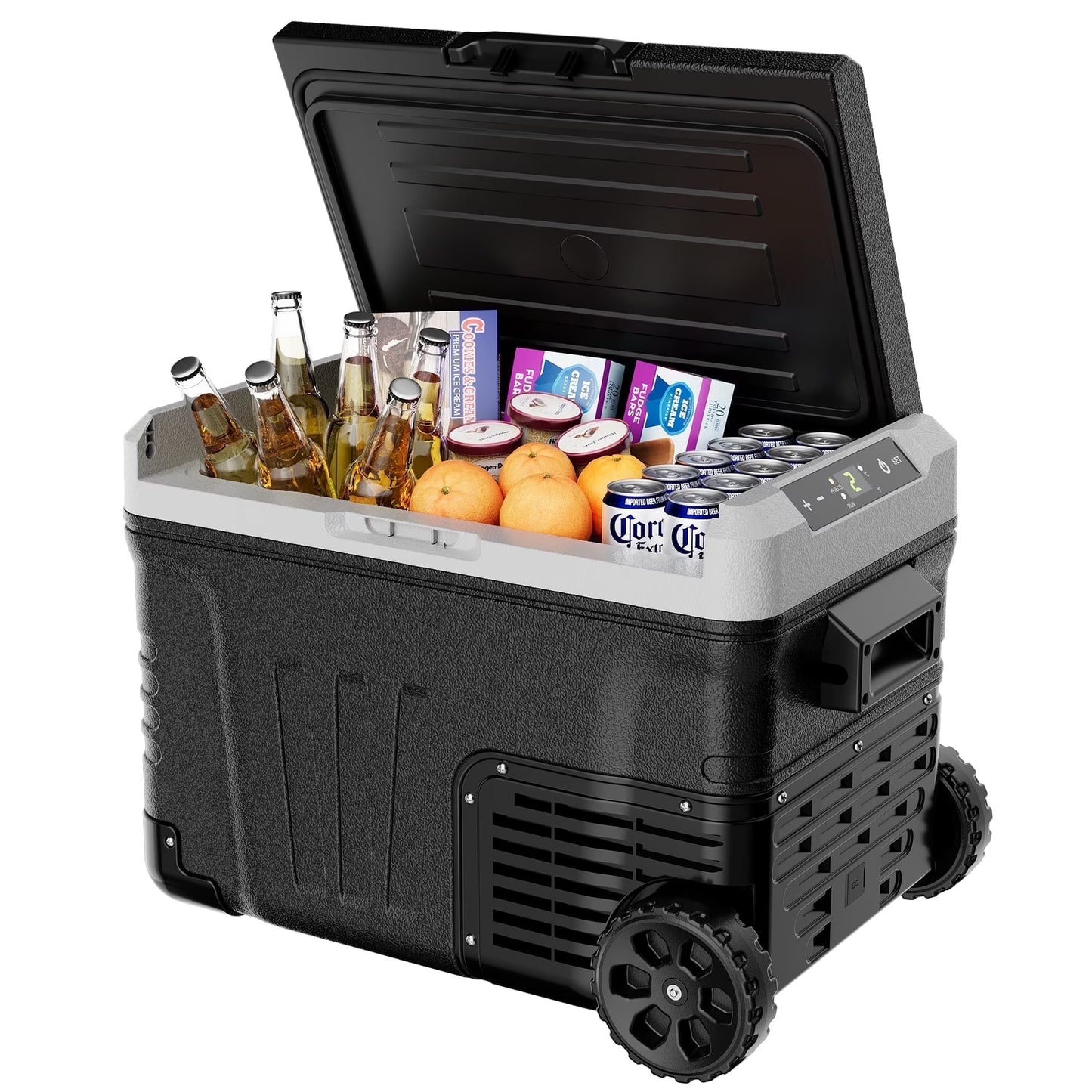 Simzlife 12V Car Refrigerator, 37QT Electric Cooler DC/AC, -4℉~68℉, RV Freezer Fridge Cooler with Wheels 2 Baskets(1.23 cu ft)