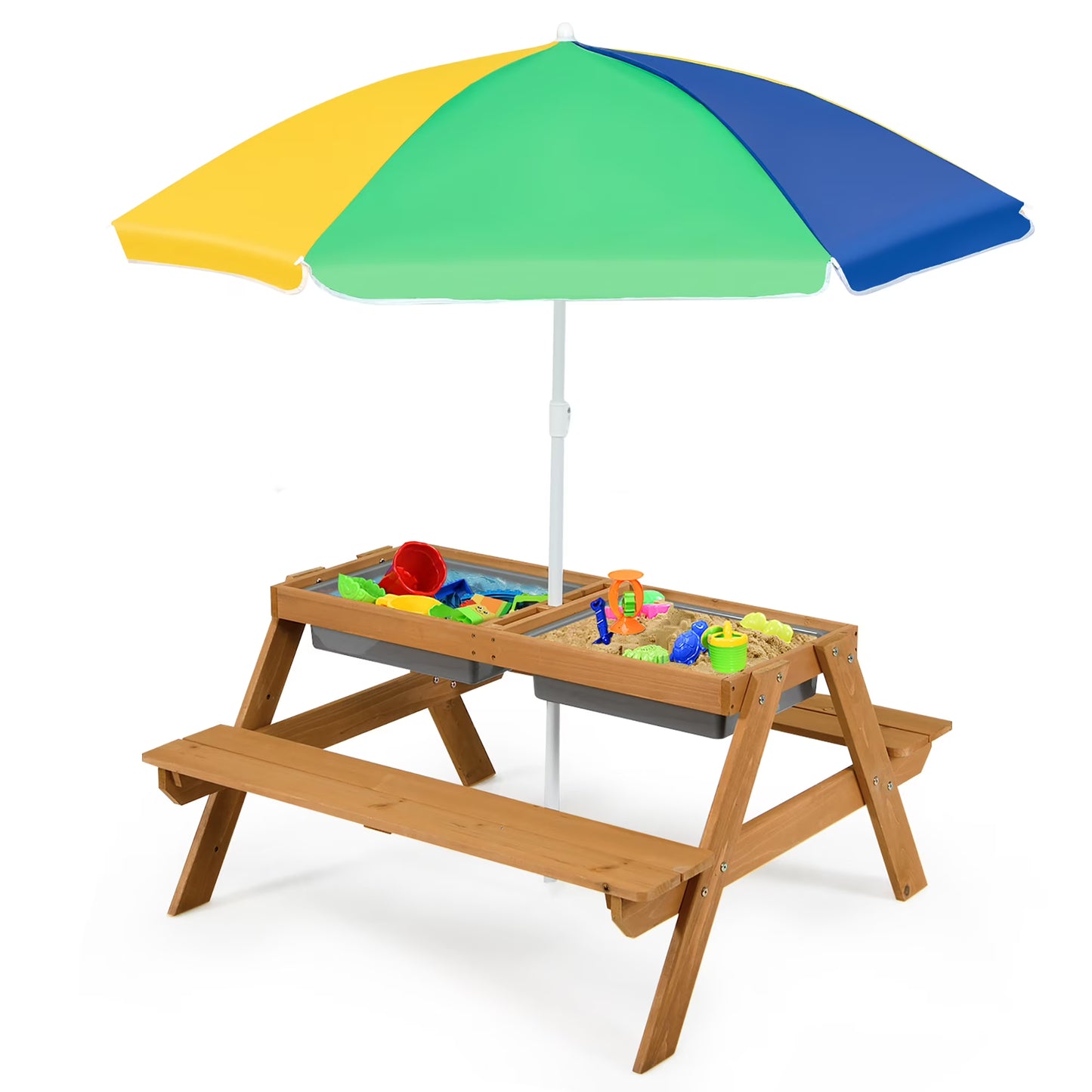 Costway 3-in-1 Kids Picnic Table Wooden Outdoor Sand Water Table with Umbrella Play Boxes Green(Green)