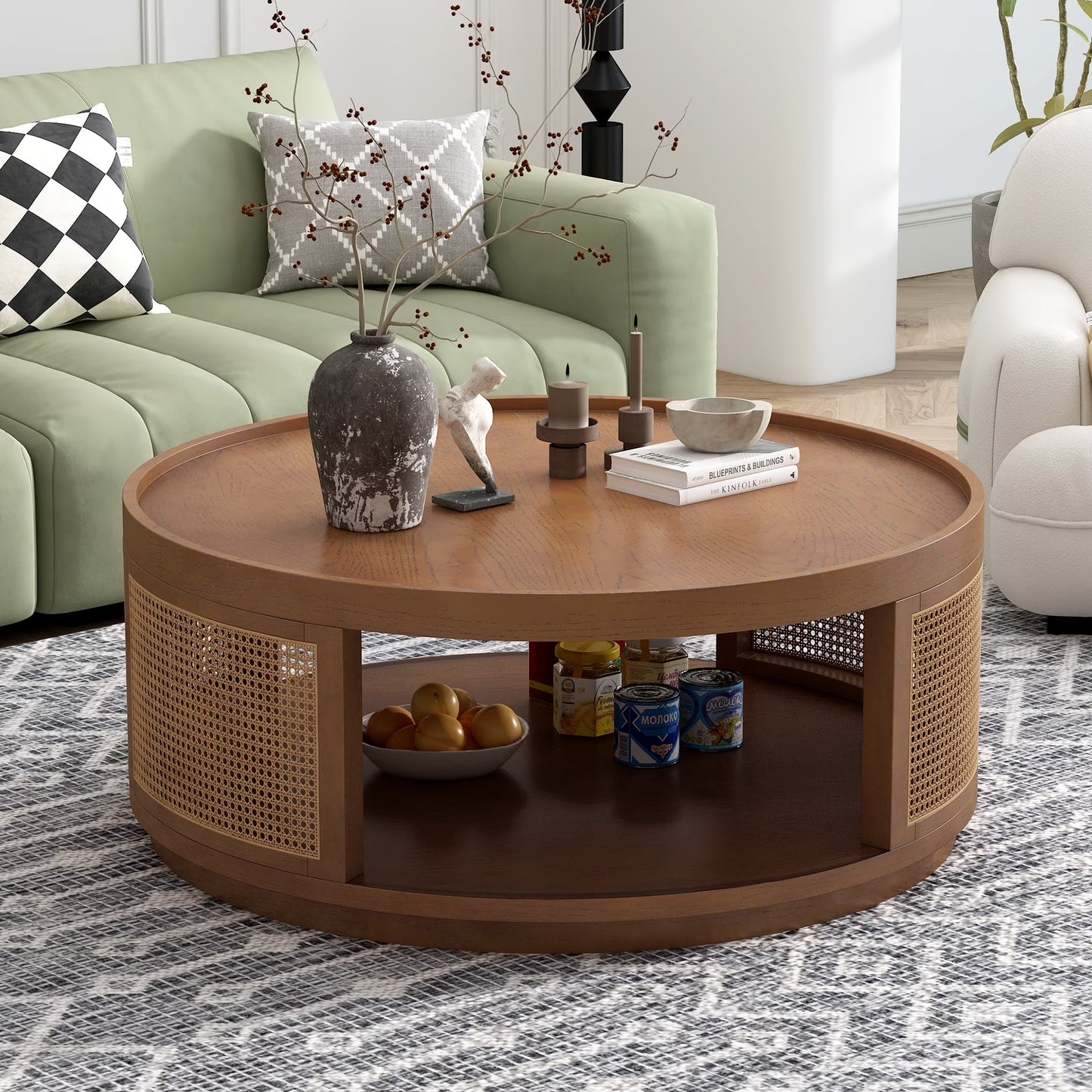 Harper Bright Designs Rattan Round Coffee Table with Storage Shelf, Round Cane Wood Center Table for Living Room, 37'' Brown(2: Brown)