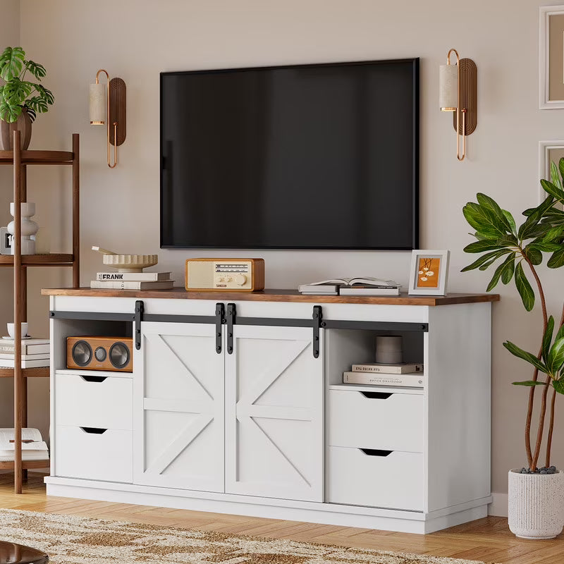 Vineego 70 inch Farmhouse TV Stand for Living Room, Entertainment Center with Sliding Barn Doors 4 Storage Drawers, Adjustable Shelves Rustic Media Console for Bedroom,White(White)