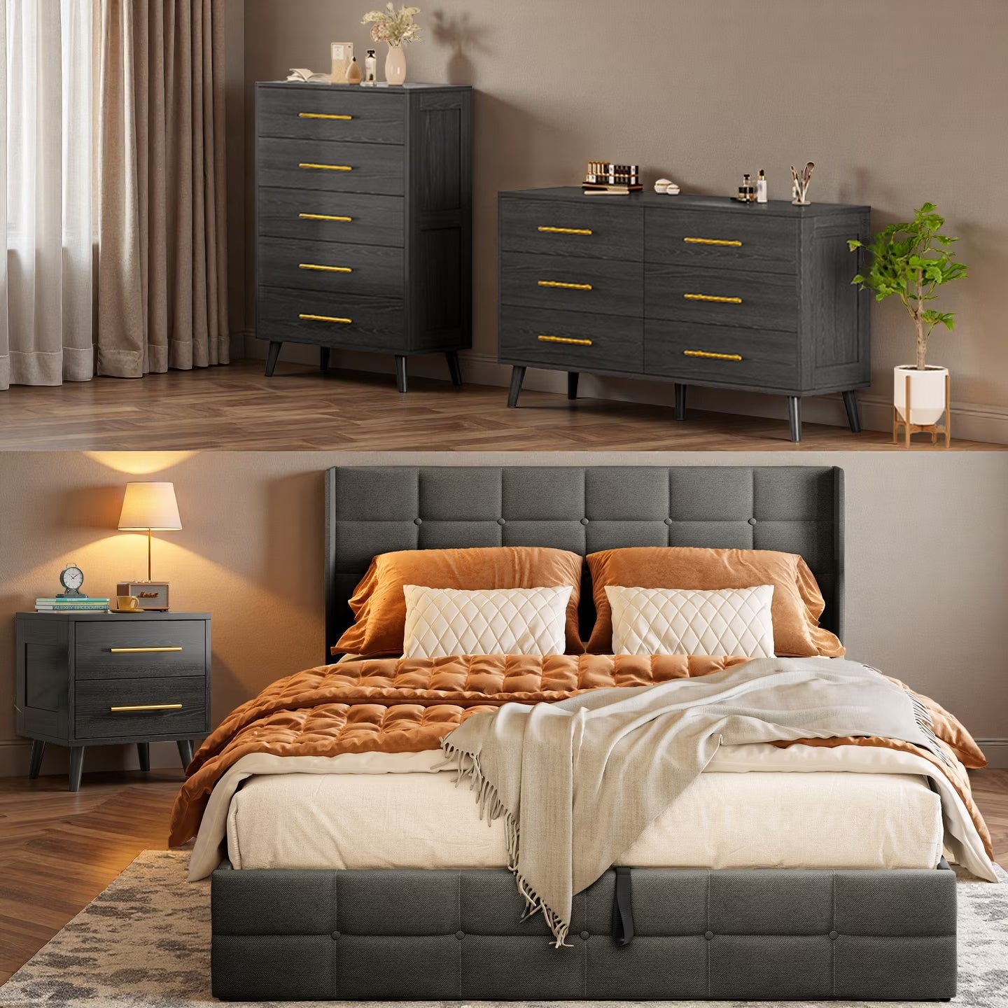 Bedroom Set - Includes Full Size Bed Frame (Dark Gray), Nightstands, 5-Drawer Dresser Double Wide 6-Drawer Dresser - Modern Storage Solution for Stylish Home Decor, Black