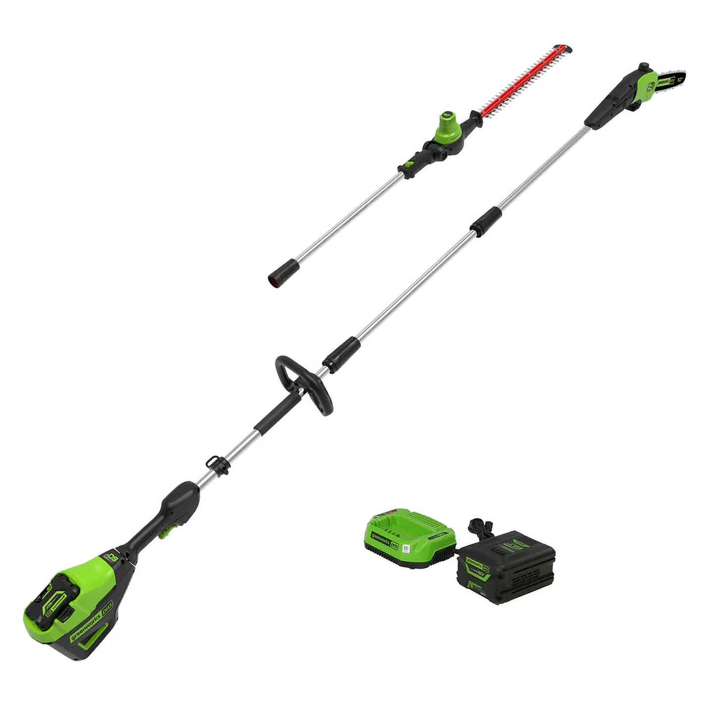 Greenworks 60V 10" Cordless Pole Saw 20" Pole Hedge Trimmer Combo Kit + 2.0 Ah Battery Charger