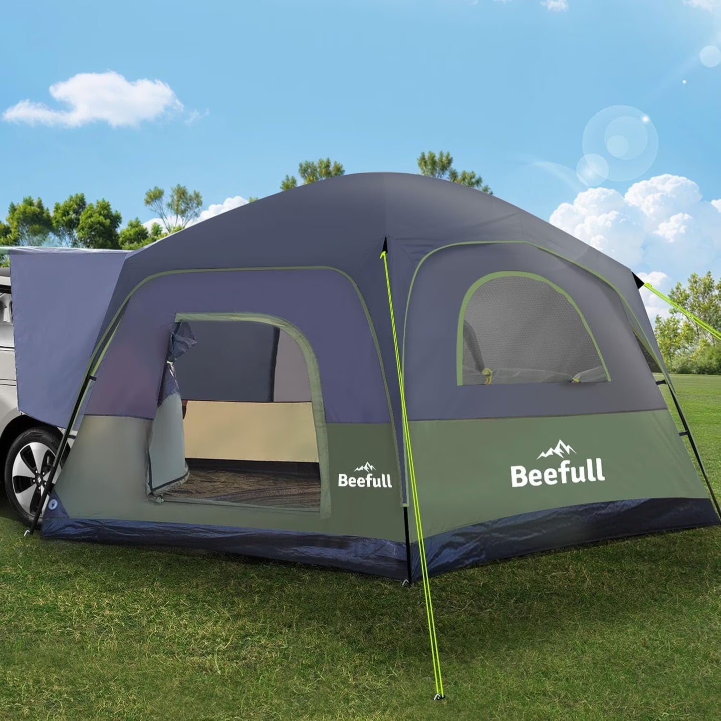 SUV Camping Tent for 6-8 Person with Rainfly, Car Camping Tent with Waterproof, Double Layer Design with Storage Bag, Green Gray