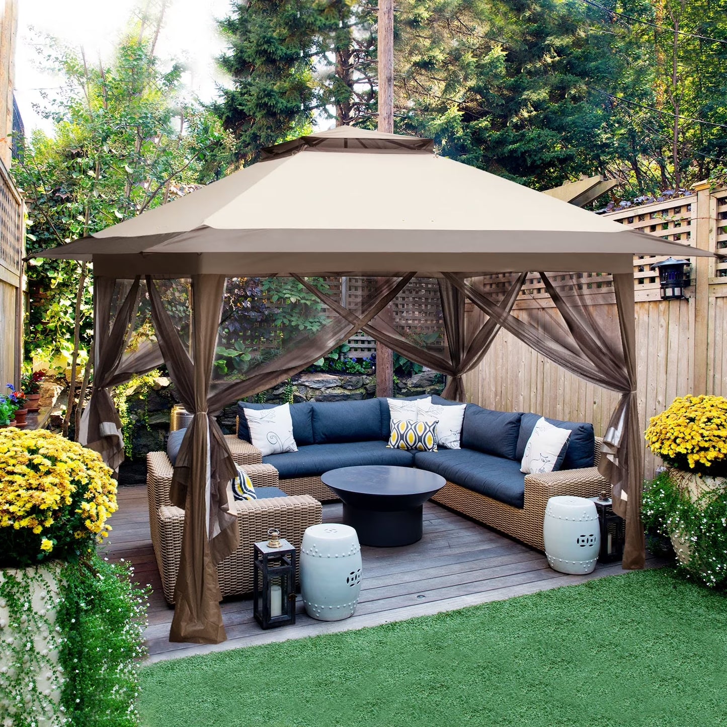 EAGLE PEAK 13' x 13' Pop-Up Gazebo Tent Instant w/Mosquito Netting,Outdoor Gazebo Canopy Easy Set-up Folding Shelter (Beige/Brown)(Beige)