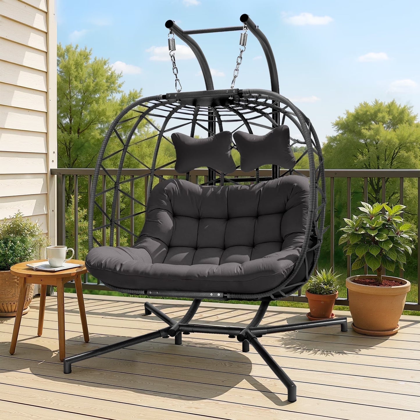 RADIATA Double Wicker Egg Swing Chair with Stand, 2-Person Hanging Egg Chair for Indoor/Outdoor, 700lbs Capacity, Thick Cushions Headrest,Sturdy Metal Frame��Dark Gray(Style A- Dark Gray)