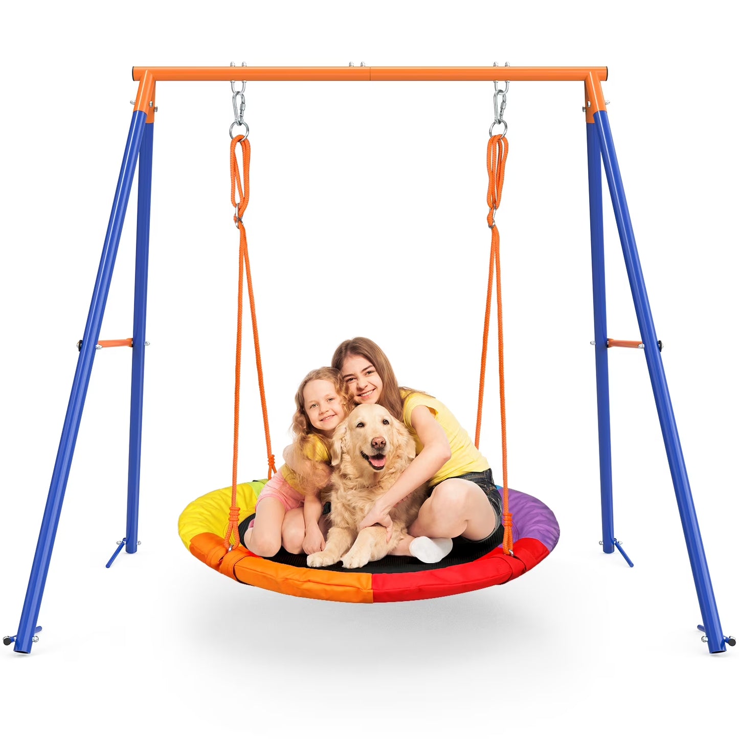 GIKPAL Swing Sets for Outside 440lbs Swing Set for 2-3 Kids Outdoor with Heavy-Duty Metal Frame Adjustable Ropes Round Swing, Rainbow(One Size)