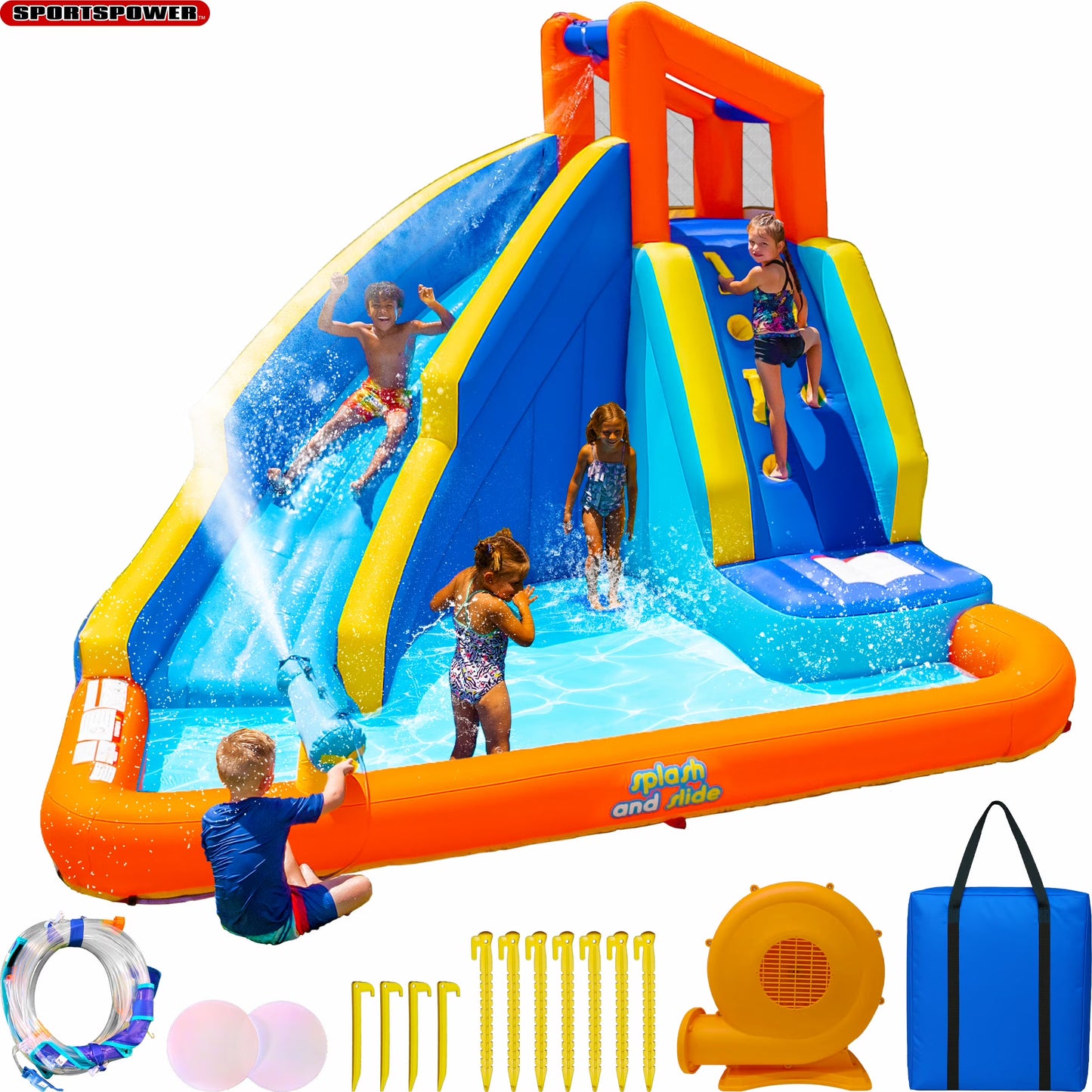 Sportspower�?Big Wave II Inflatable Water Slide with Climbing Wall Splash Pool, Ages 3-8, Heavy Duty, ASTM Certified, Lifetime Warranty on Included Blower
