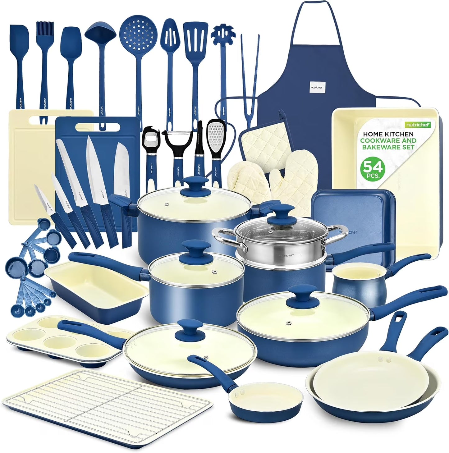 54-Piece Kitchen Cookware Set �C Complete Non-Stick Ceramic Pots and Pans Set with Utensils, Bakeware, and Knife Set, Gas, Electric Induction Compatible, Blush Pink Kitchen Essentials(54/Blue Gray)