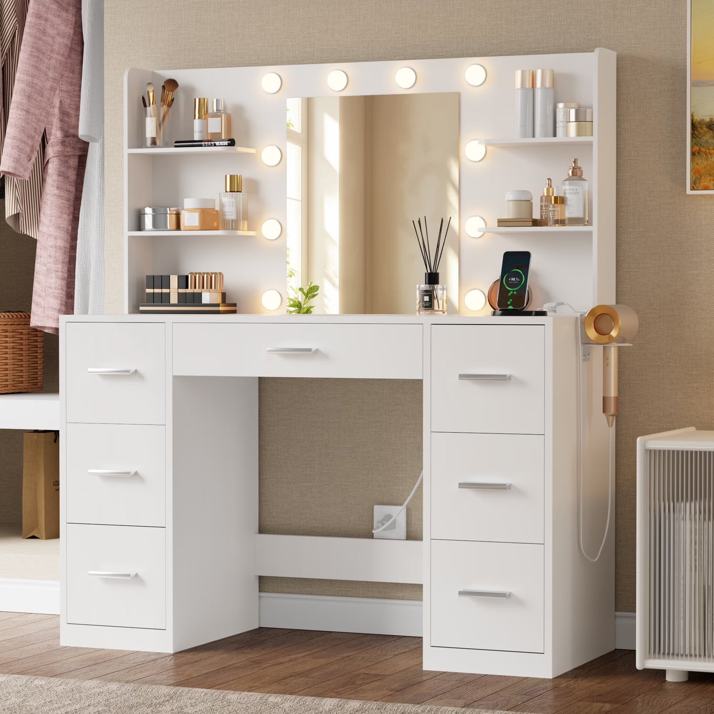 Lacoo Vanity Desk with Mirror and LED Lights, Makeup Vanity with 7 Drawers 4 Shelves, Vanity Table with Power Outlet for Bedroom Dressing Room, White(White: 7 Drawers)
