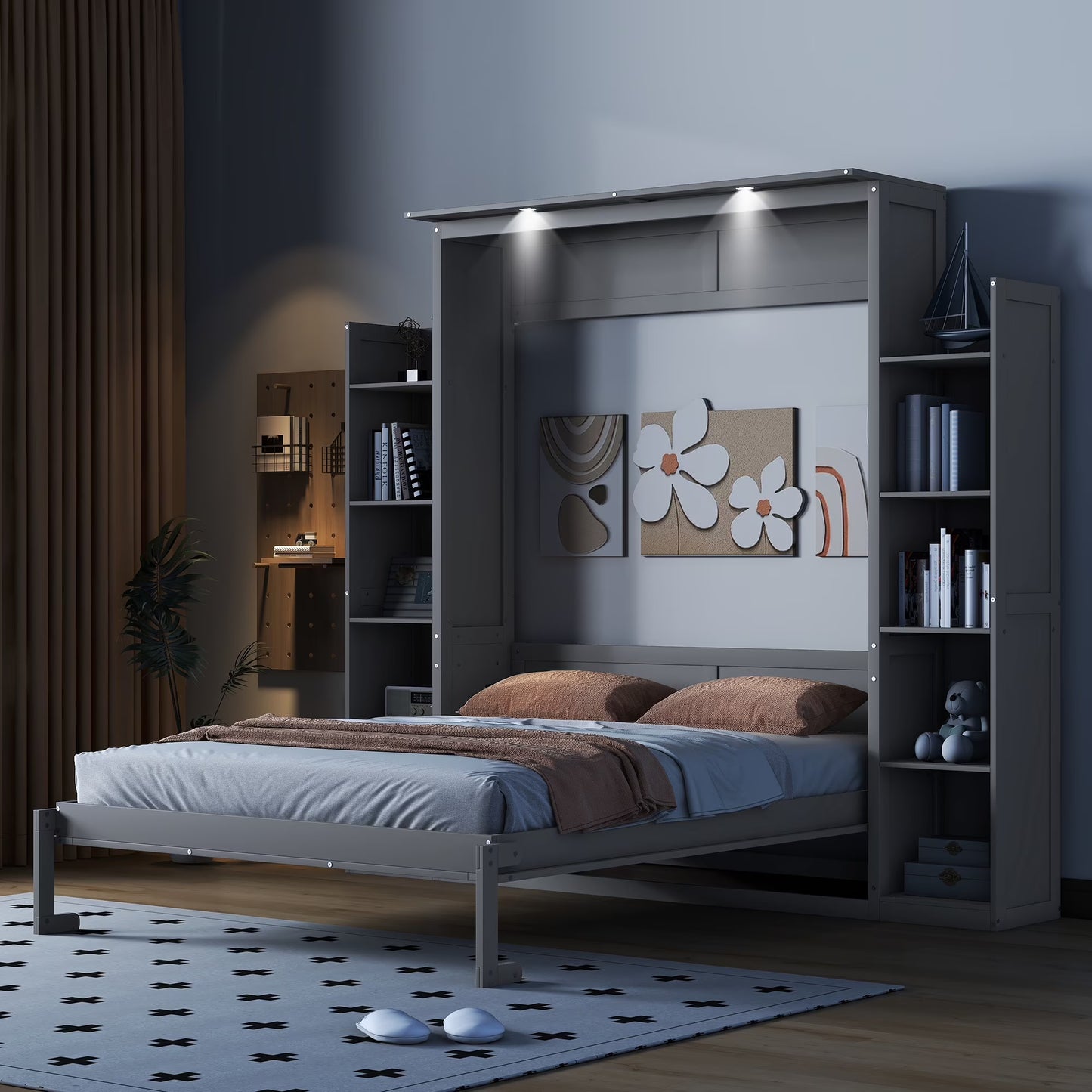 Aukfa Queen Size Murphy Bed with 5-Tier Storage Shelf LED Lights, Foldable Wall Bed Cabinet with Mattress Support, Space-Saving Design for Guest Room/Home Office, Gray