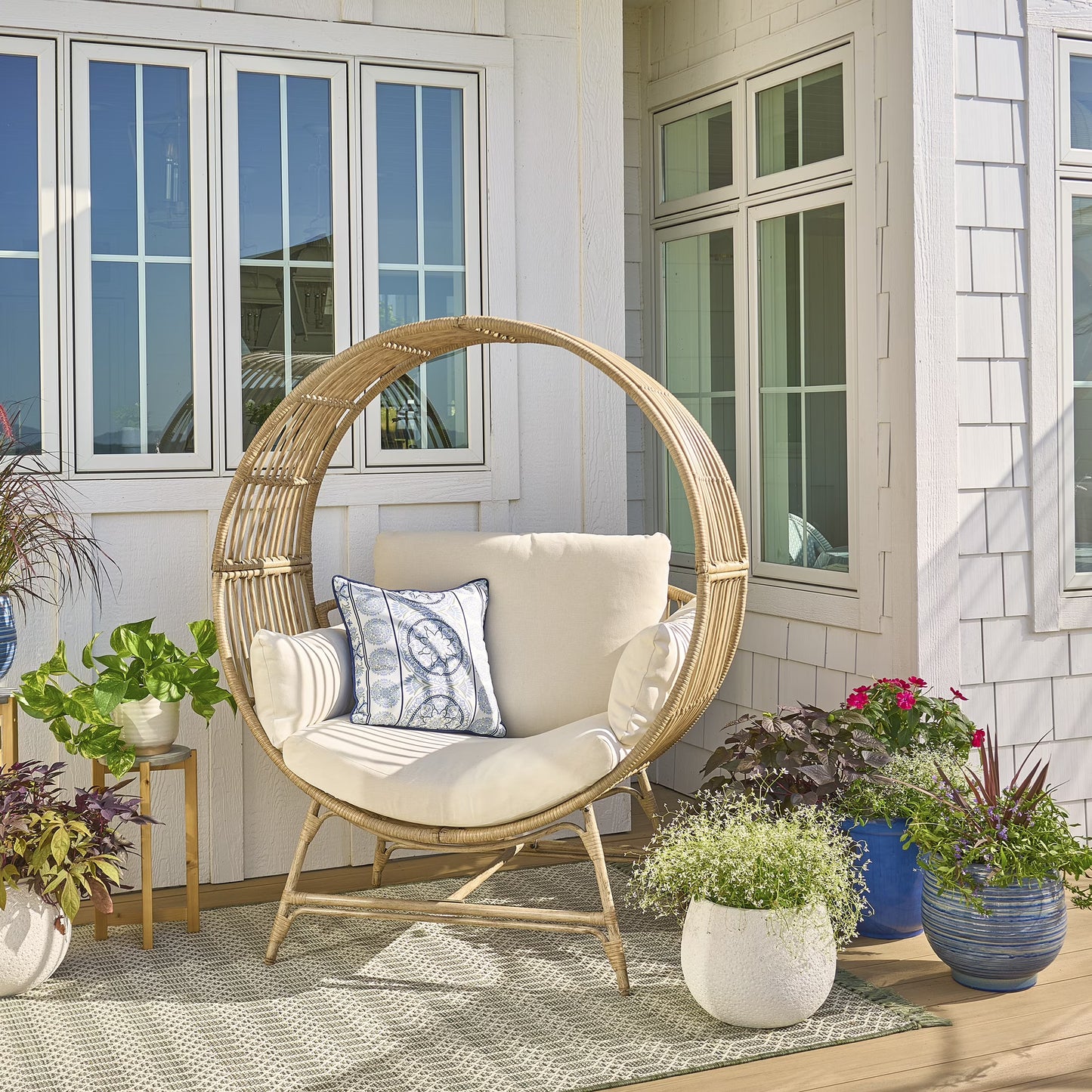 Better Homes Gardens Bellamy Round Wicker Outdoor Lounge Chair, Beige(Single)