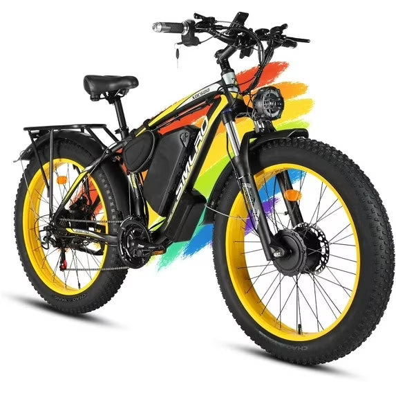3000W Peak Dual Motor Ebike, 52V 30AH Battery Electric Bike for Adults, 7-Speed 40MPH AWD Ebike Mountain Snow E-Bike with 26" x 4.0 Fat Tire MTB Hydraulic Disc Brake for Off-Road Snow(Black Yellow)